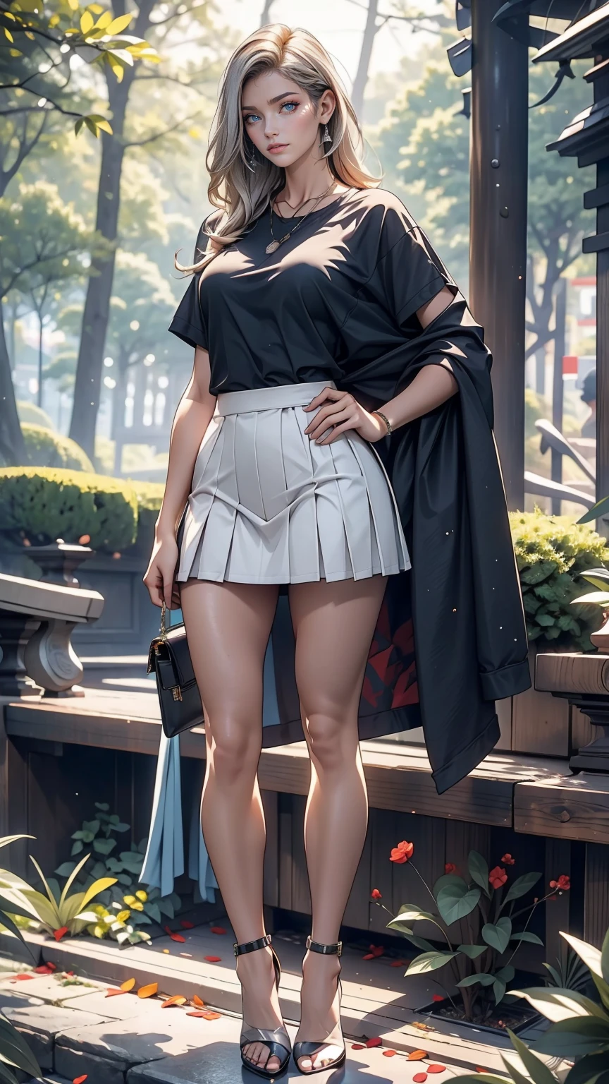 24 year old Caucasian female、Silver Hair、Sexy proportions、Long legs、Wear a T-shirt with a logo、Lower milk visible、Navel visible、Wear a low-rise micro mini pleated skirt、Wear high heels、Model pose、Place your hands on your hips、Forest background