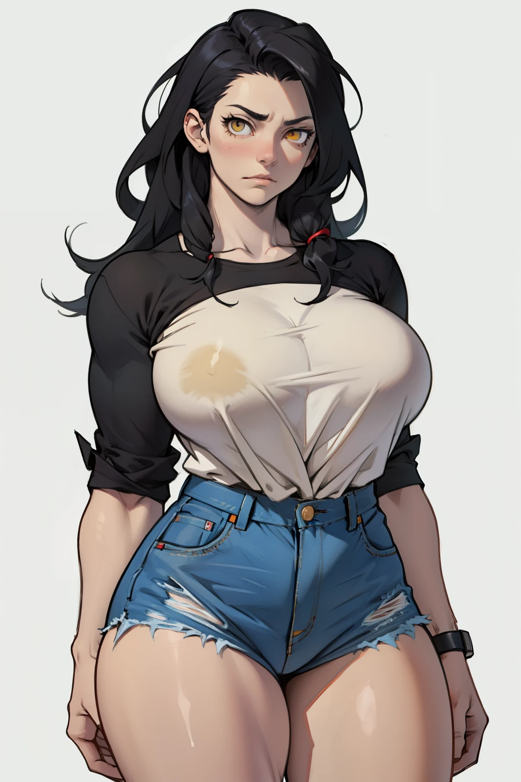 huge breasts huge thighs huge muscles muscular girl black hair yellow eyes pale skin expressionless sad casual clothes
