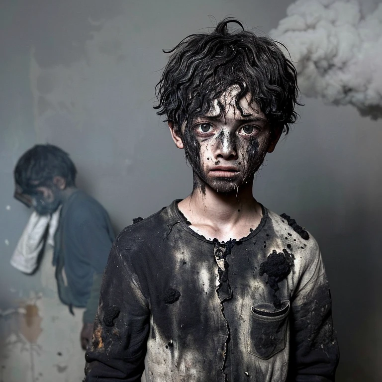 A boy in a daze, covered in soot after being caught in an explosion, his hair standing on end, covered in soot and wearing tattered clothes