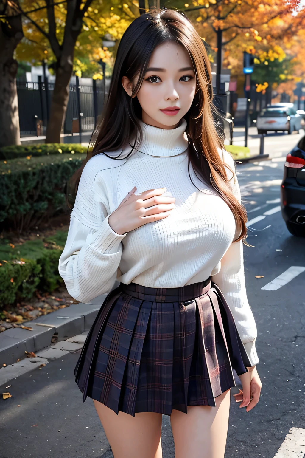 (8K high image quality), (top-quality), (RAW image quality),(masutepiece:1.2), (Realistic), (Photorealistic:1.37), Goose egg face,largeeyes,long eyelasher,double eyelid,(Live-action realistic style),The Ultimate Face,Photorealistic light and shadow,Clear facial features,milky skin,Fair skin, highdetailskin,Realistic skin details,Visible Pore,(Super Detail),Hair length is random, (Flowing hair),Take the best portraits,,Ultra-detailed, 1-girl, Cute,Beautiful detailed eyes, beautiful detailed nose, highlydetailed skin,Full body ,(eyecontact),(Colossal tits、Breast Abundance)、(Beautiful face with double eyelids),((fullbody image)), (Realism: 1.4),High image quality, excellent details, Ultra-high resolution, (Show your best smile to the audience), delicate and beautiful face, 18 years old,(Beautiful Face 1.4),A slender, (Longhand knitted sweater with turtleneck:1.2)、(Plaid pleated skirt:1.2),((Do not slip the hem of the sweater inside the skirt、long-sleeve:1.2)),((Scenery with an autumn atmosphere)),Filmed in the city,(It's a full-body shot.),The color of the sweater is random,The color of the skirt is random, ((Large Breasts:1.2))。