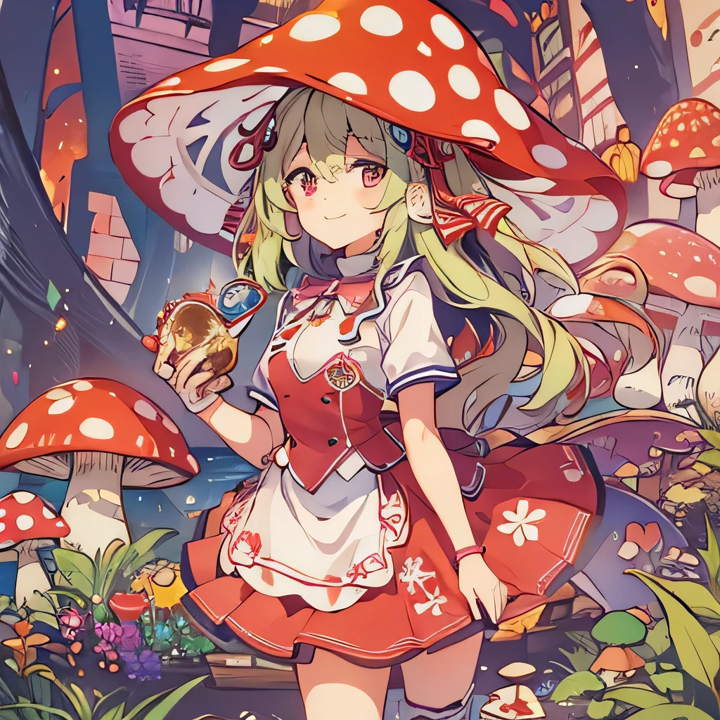 highest quality、 Super quality、 16k、 Very detailed、beautifully、aesthetic:1.2)、A pretty 21 year old girl dancing alone wearing a red and white spotted hat surrounded by colorful mushrooms、Shy smile、Wears a red and white spotted mushroom-shaped hat、Wearing a red and white spotted mushroom-shaped apron