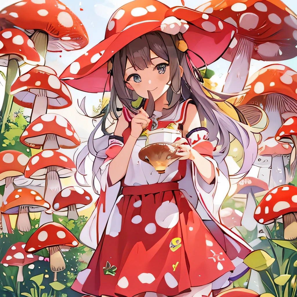 highest quality、 Super quality、 16k、 Very detailed、beautifully、aesthetic:1.2)、A pretty 21 year old girl dancing alone wearing a red and white spotted hat surrounded by colorful mushrooms、Shy smile、Wears a red and white spotted mushroom-shaped hat、Wearing a red and white spotted mushroom-shaped apron