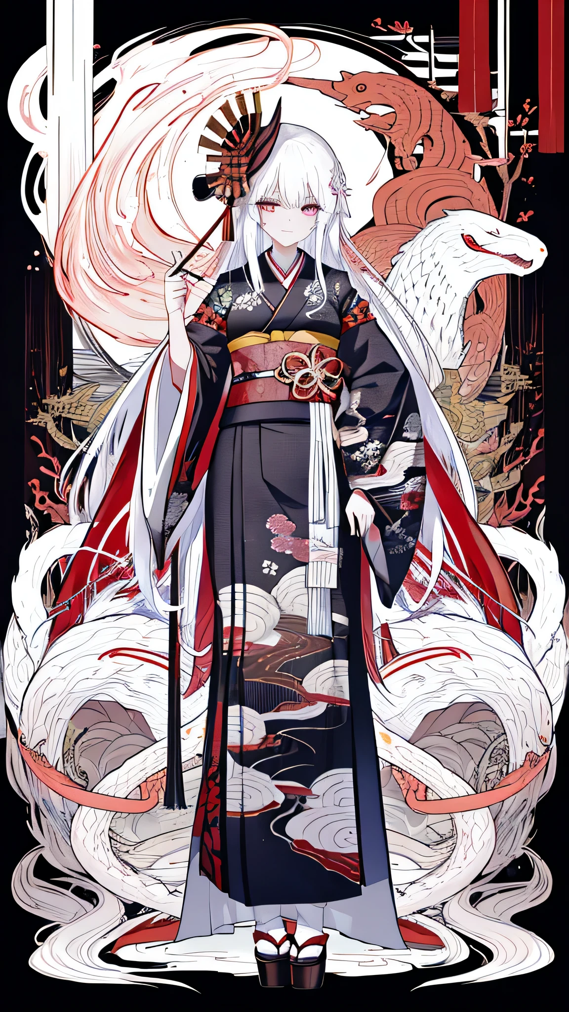“A full-body illustration of a snake girl wearing a snake mask and a traditional kimono. She has long, white hair that flows down to her waist. A Japanese sword is sheathed at her waist. In the background, a giant serpent coils, creating a dramatic and mystical atmosphere. The image should be high resolution and capture the intricate details of her attire, snake features, and surroundings.”