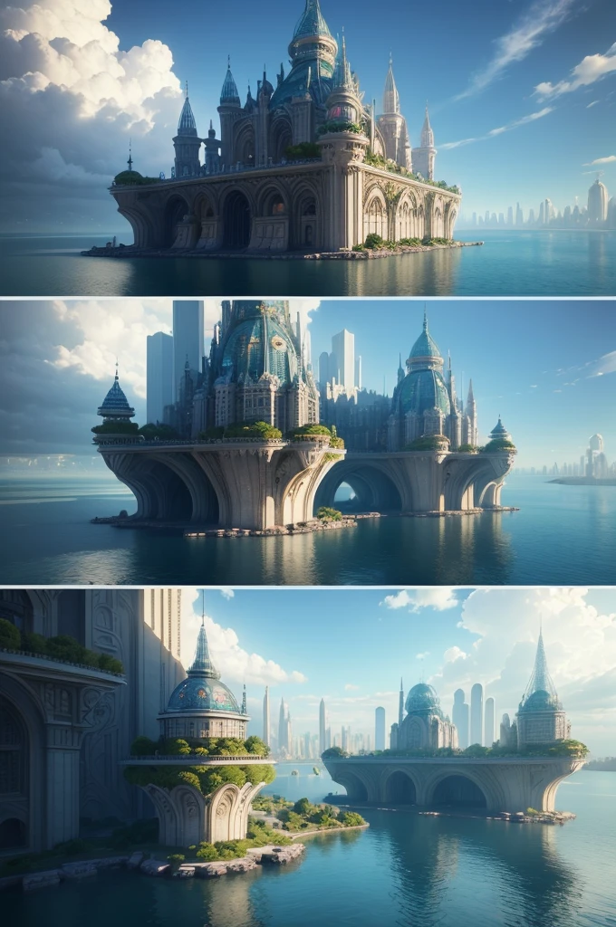 ((best quality)), ((masterpiece)), (detailed), A futuristic city with large buildings both in the water and on land. Fantasy 3D performance . utopian, 3d rendering digital art