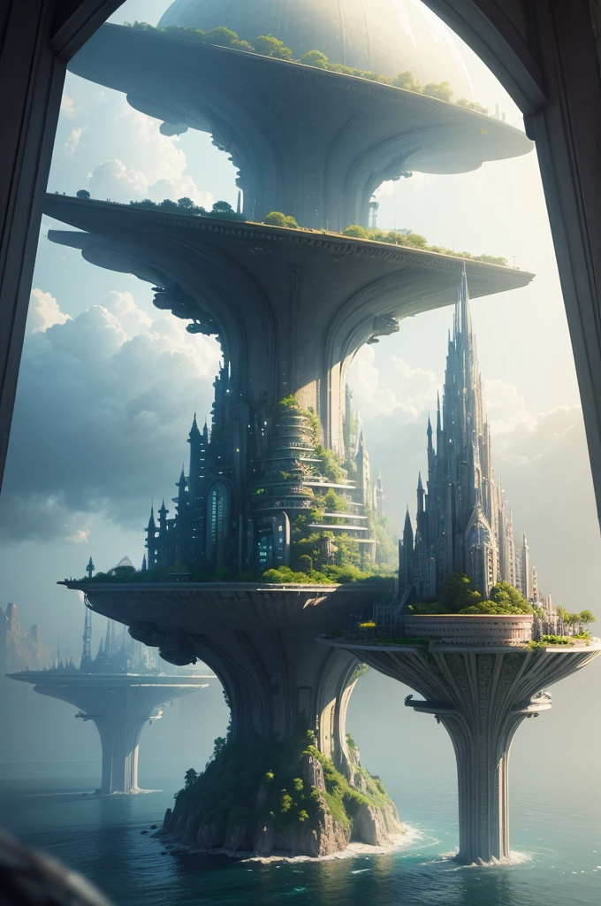 ((best quality)), ((masterpiece)), (detailed), A futuristic city with large buildings both in the water and on land. Fantasy 3D performance . utopian, 3d rendering digital art