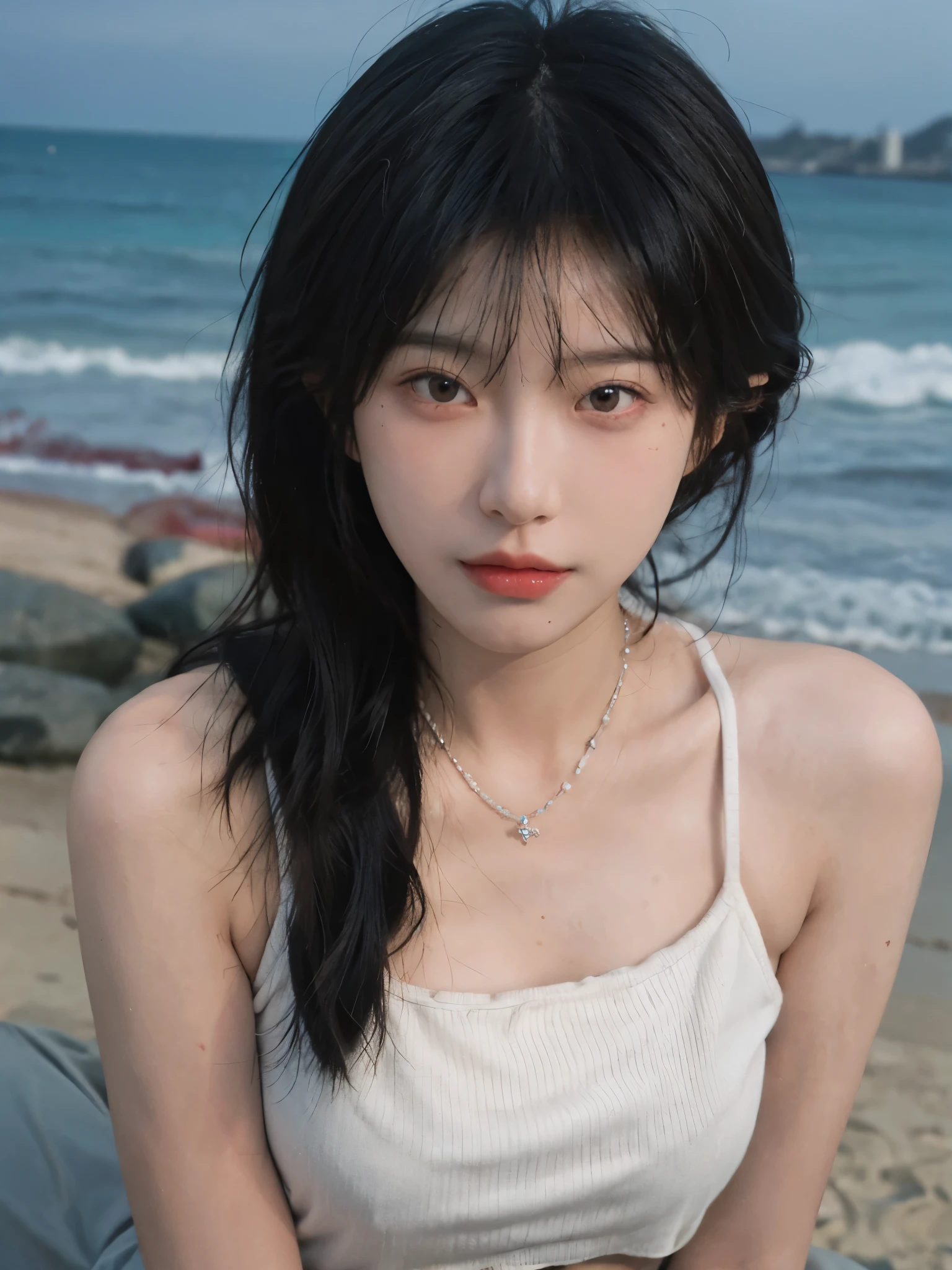 Best quality,Ultra-high resolution,(lifelike:1.4),Cute hairpin,1girll,Long curly hair,jk,Blush,Slim beauty:1.4,Visible abdominal muscles,on the beach,Ultra-fine face,Exquisite eyes,Double eyelids,necklace