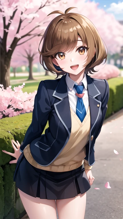 masterpiece, best quality, highres, Zaizen Aoi, short hair, antenna hair, brown eyes, , blue necktie, black jacket, open jacket, long sleeves, black skirt, arms behind back, leaning forward, smile, open mouth, standing, cherry blossoms, outdoors