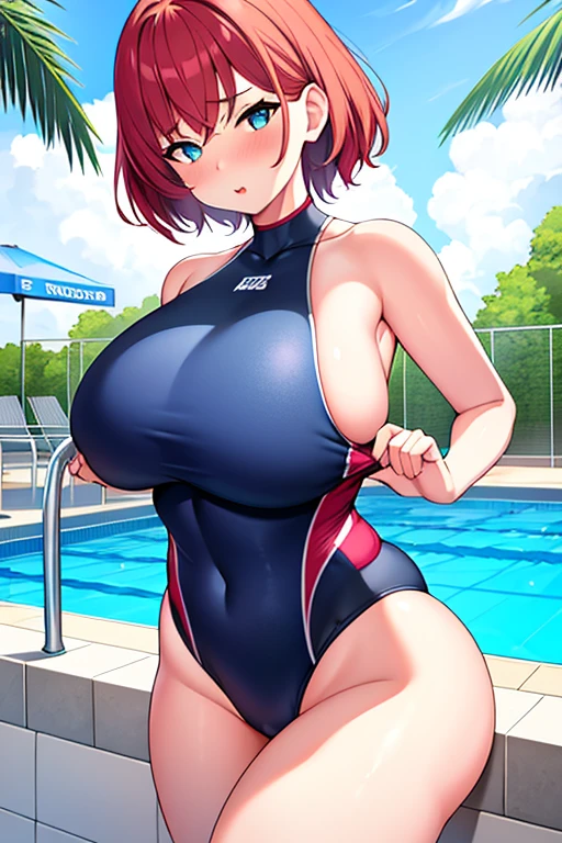 1girl, one-piece swimsuit, large breasts, thick thighs, mature female, blush, shy, way mouth, red hair, very short hair, blue eyes, pixie cut, competition swimsuit, poolside, pool, mature female, hourglass figure