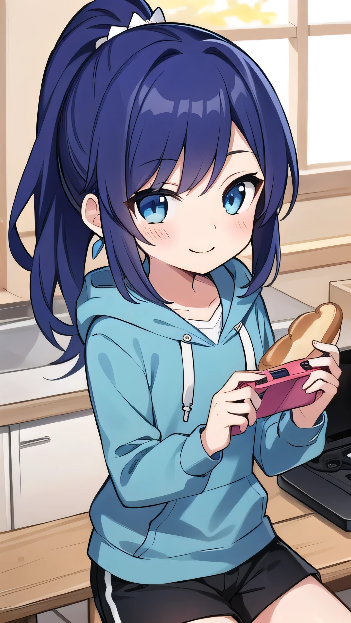 Blue-purple hair, dark blue eyes, long hair, ponytail, (hairpin:1.1), long-sleeved hoodie, ,small breads,shorts, middle school student, 14 years old, short, round eyes, sparkling eyes, owns a game console, confident, smiling a little There is