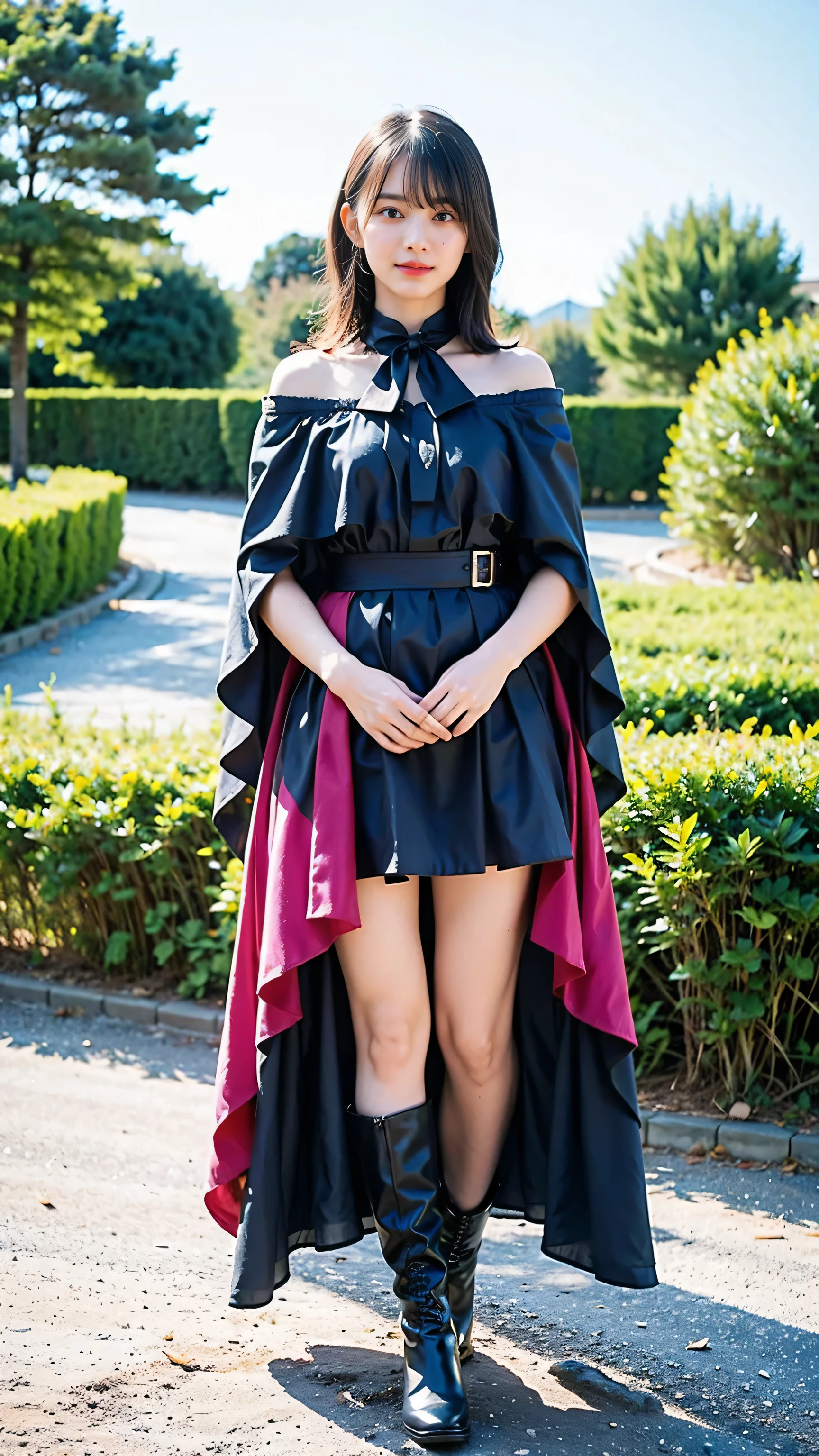 (8k、RAW Photos、highest quality、masterpiece:1.2)、(Realistic、Realistic)、1 girl、((mini skirt、Large Breasts、Pink and black、Cape、Frills、Off the shoulder、See-through、boots、Arm Covers、ribbon、smile、garden、View from the front、smile、Standing with hands on hips))、