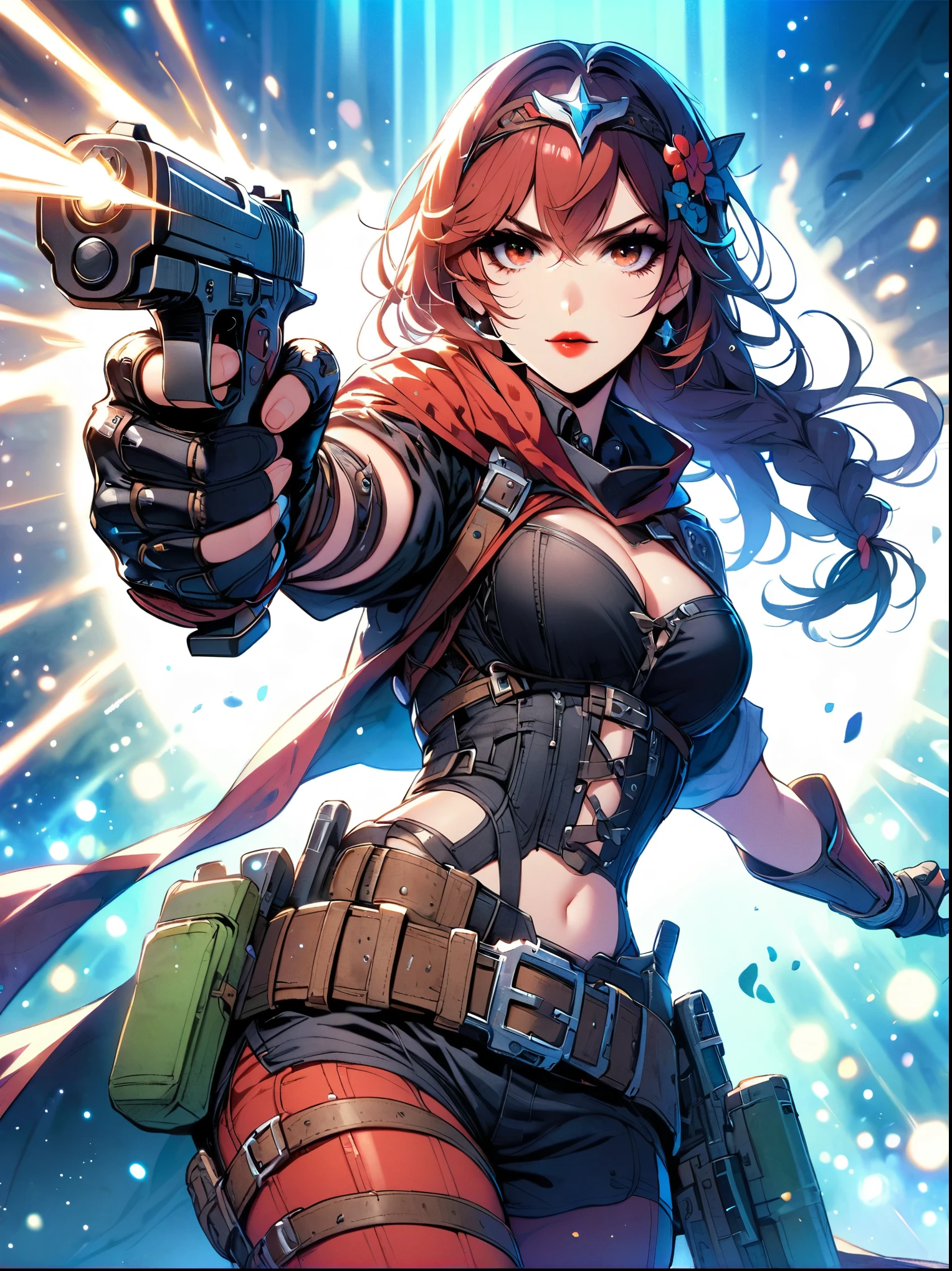 Superhero, red tights, braided hair, hair accessories, eye shadow, eyeliner, red lips, wrist armor, waist