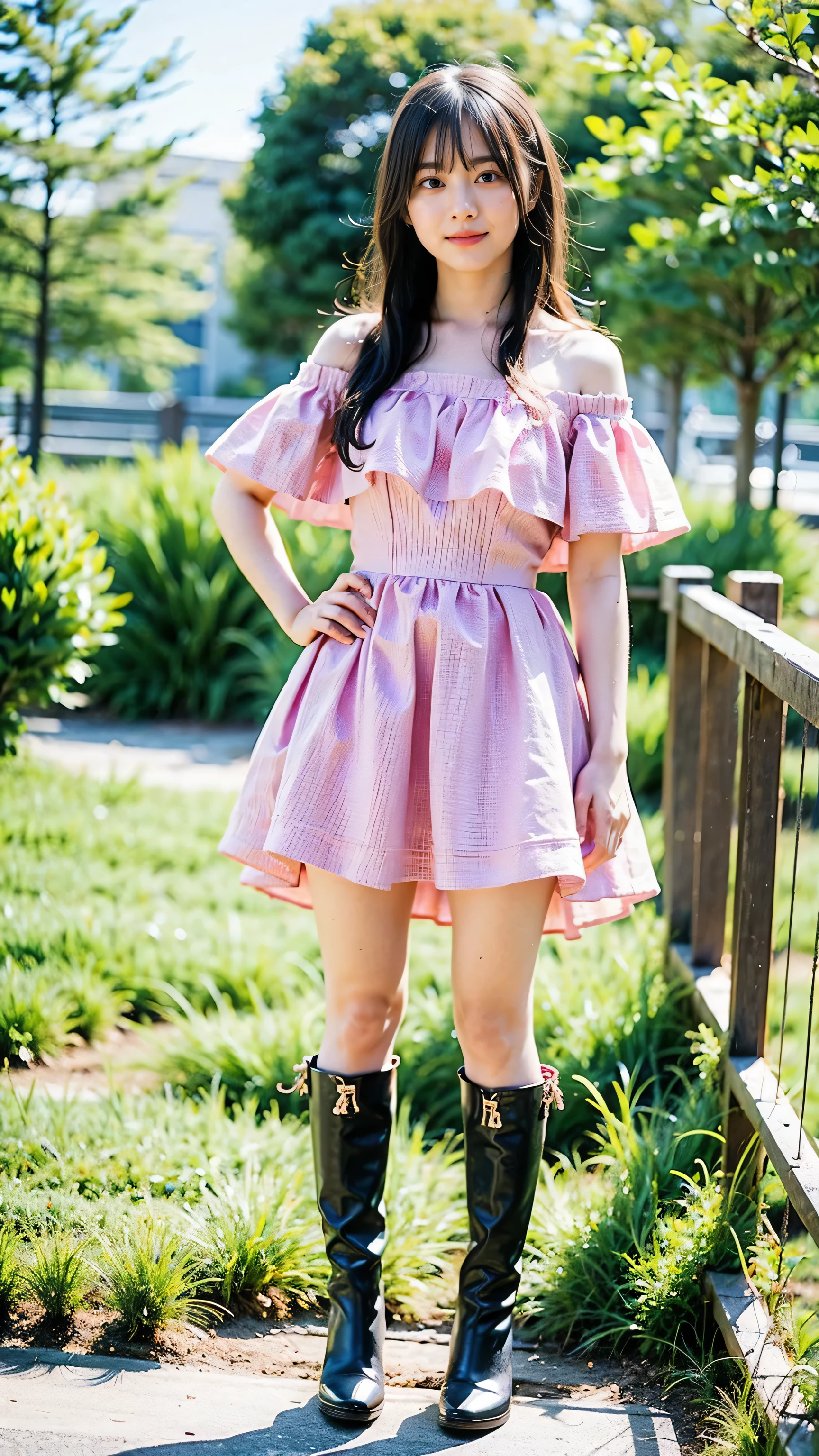 (8k、RAW Photos、highest quality、masterpiece:1.2)、(Realistic、Realistic)、1 girl、((mini skirt、Large Breasts、Pink and black、Cape、Frills、Off the shoulder、See-through、boots、Arm Covers、ribbon、smile、garden、View from the front、smile、Standing with hands on hips))、