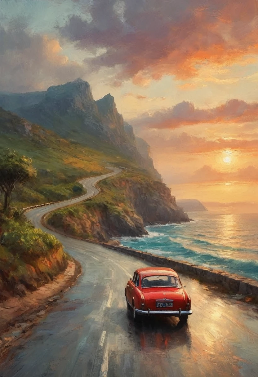 (best quality,4k,8K,High resolution,masterpiece:1.2),Extremely detailed,Practical,Blue coastal road, Winding along the coastline,stormy weather,Dramatic clouds,Clear sea view,rough waves,dark blue water,Rocky cliffs,Green vegetation,Seagulls flew by, Cars driving on the road,beautiful sunset,Orange and pink tones,Soft sunlight,Distant Mountains,A sense of tranquility and adventure,Subtle reflections on wet roads,Salty sea breeze,Tranquil atmosphere,Magnificent views,The road ahead is clear,  and exploration.Minimalist Journey，A red car