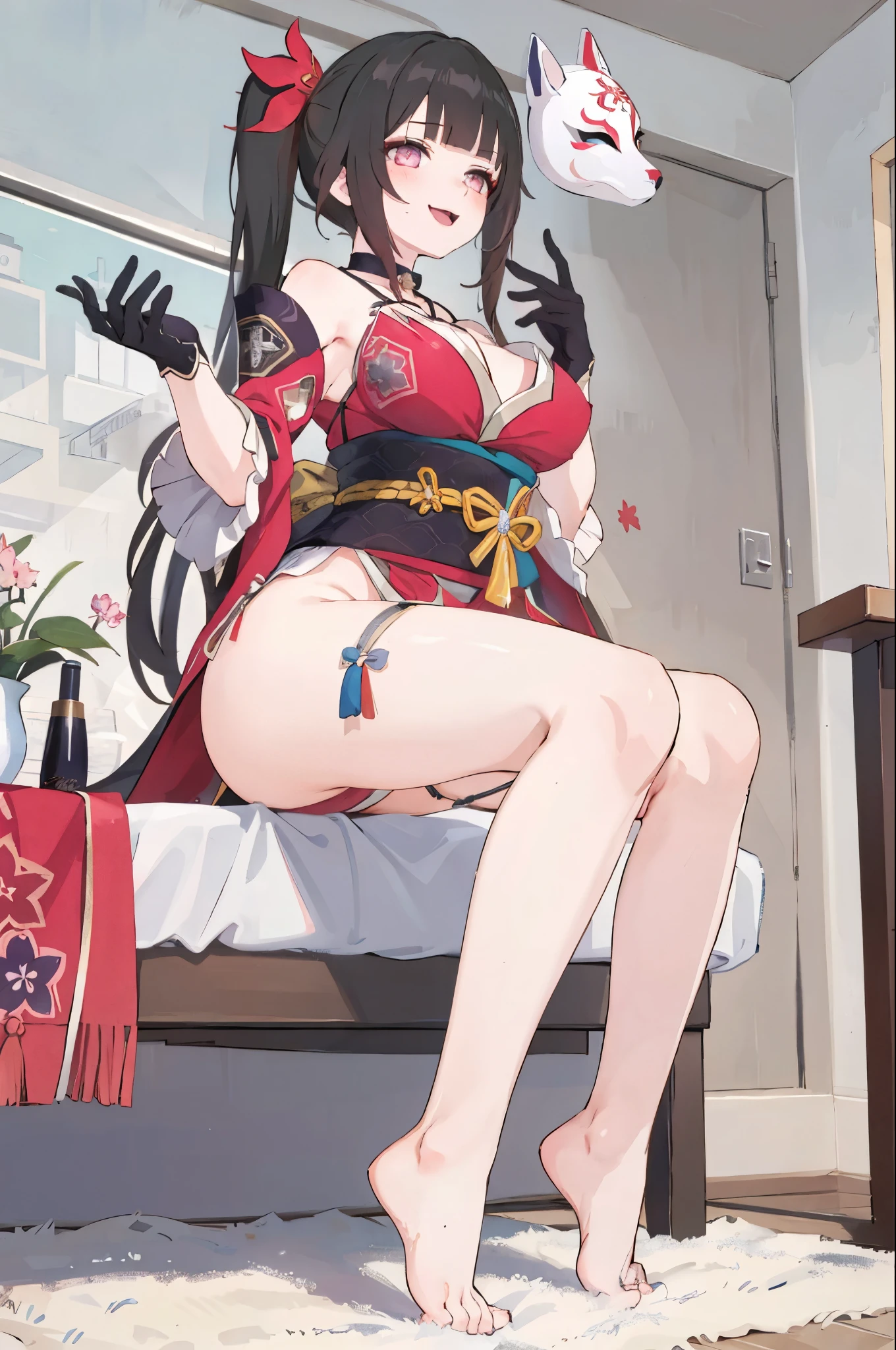 1girl, sparkle \(honkai: star rail\), twintails, hair ornament, solo, off shoulder kimono, mask on head, detached sleeves, choker, obi, single glove, wristband, criss-cross halter, thigh strap, blush, sitting, from below, foot foacus, looking at viewer, barefoot, gasping, ecstasy, seductive smile, bedroom, masterpiece,breast,bikini,Excellent body shape,super big Ocup boobs Large area exposure,large breastanime style,Extra large chest size,Adult content,Big anus,Pornographic content,Back to person,Completely naked,Areola semileakage,Exquisite lower accidebody,Exquisite pussy,breast-baring accident.