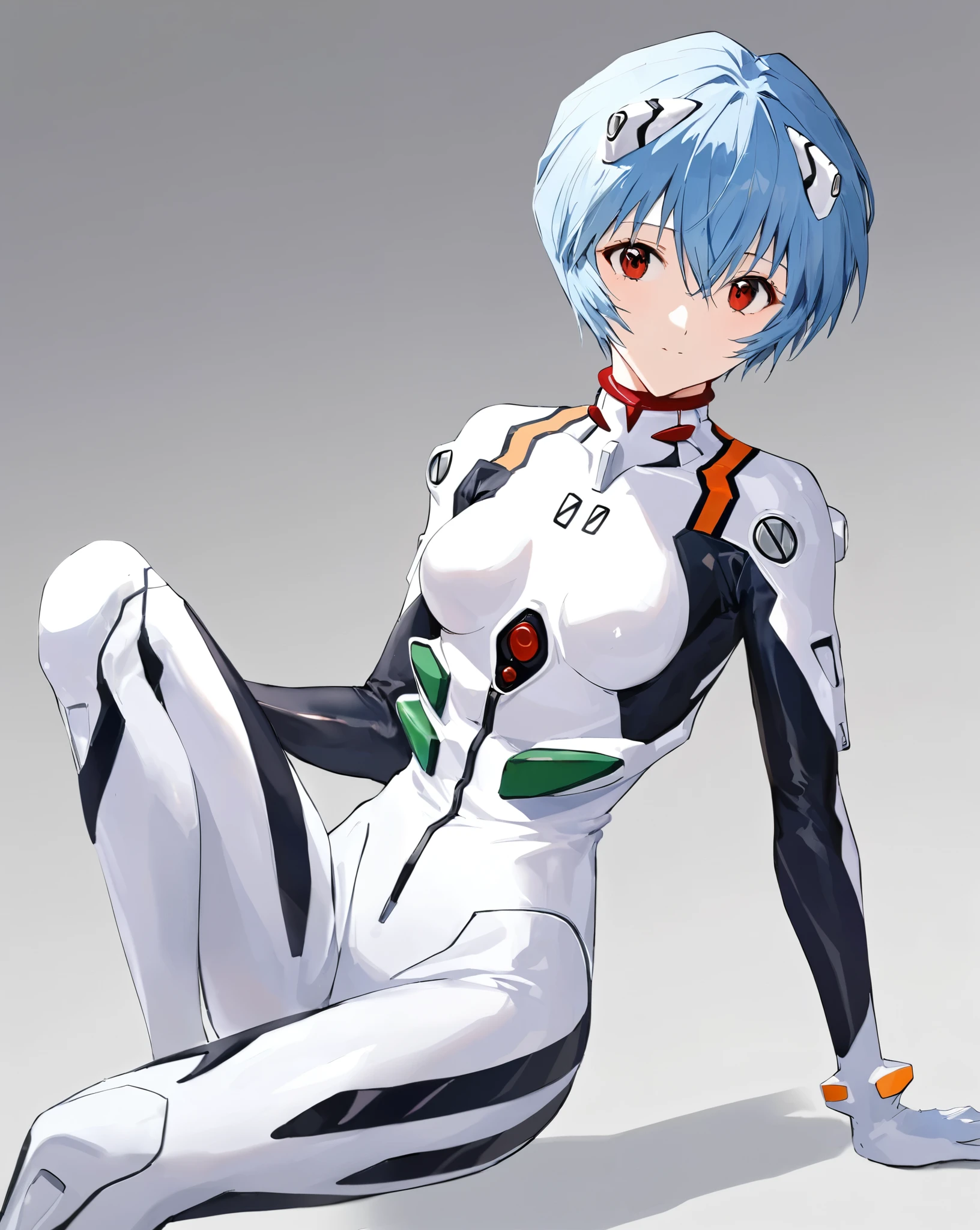 masterpiece,best quality,science_fiction, looking_at_viewer, closed_mouth, gloves, hair_ornament, neon_genesis_evangelion, 1girl, rebuild_of_evangelion, solo, white_background, ayanami_rei, white_bodysuit, full_body, headgear, pilot_suit, bodysuit, knees_up, grey_background, plugsuit, white_gloves, gradient_background, evangelion:_3.0+1.0_thrice_upon_a_time, interface_headset, sitting