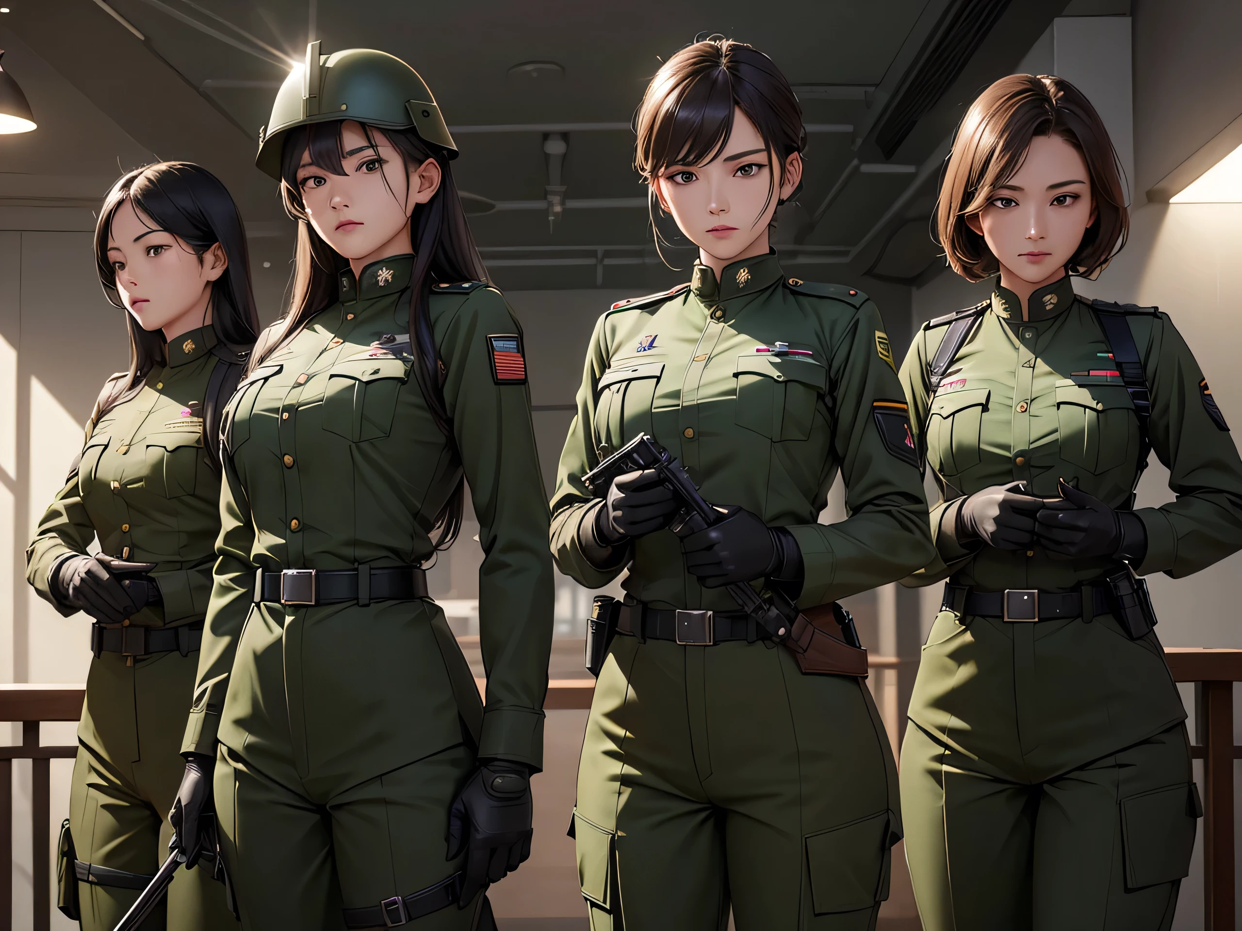 Four female soldiers in dark green military uniforms and helmets、front、side by side、patrol、Same pose、Close Range、Crotch guard,All wear military pants、Leather belt、Wear tactical gloves,Write details、masterpiece、best quality、Highly detailed CG、8K picture quality、theater lighting、lens flare