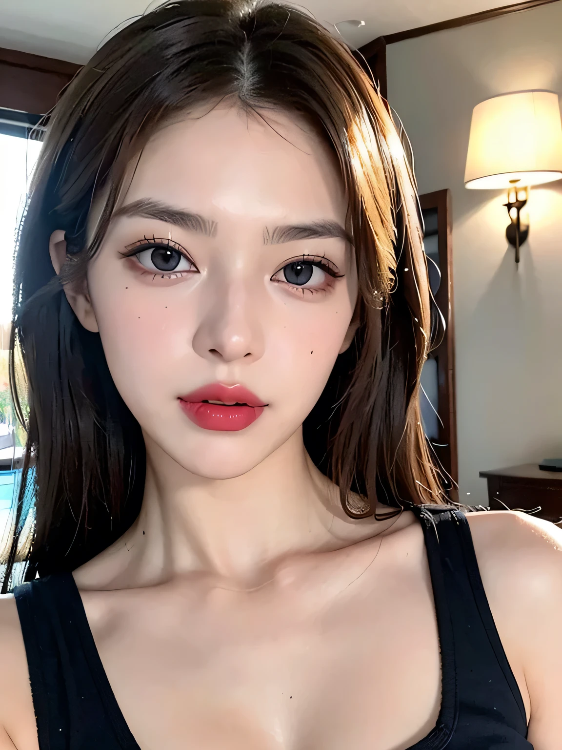 (((sfw:1.5)))、((Near the huge summer pool)), Real、8k、 ((Anatomically correct)),   18-year-old、1 female、Huge upper chest、Big cleavage、round face、Baby Face、Cute Smile、 A close-up of her face:0.6, Top quality soft lighting, ((realistic perfectly round brown_eye:1.3、Big Eyes、Dripping eye)), (Light pale complexion), ((Detailed pupils:1.4)), (Perfect Makeup:1.3), (Symmetrical lips:1.3)),(Bright shiny red_lipstick:1.35), ((Blue eyelashes: 1.17)), (Very detailed, Beautiful little nose:1.2), (Perfect composition), ((Sunburned skin:1.28)), ((Oily skin)), ((The blackＹshirt, The blackチューブトップブラジャー) , The background is simple and blue, The gaze is directed downwards at a low angle、 (((Anatomically correct)))、（Perfect Body Proportions)、(Natural Hands、Natural Fingers、Natural Legs)