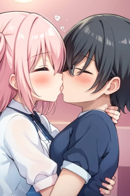 Male Black hair and female pink hair, kissing love couple,eyes closes