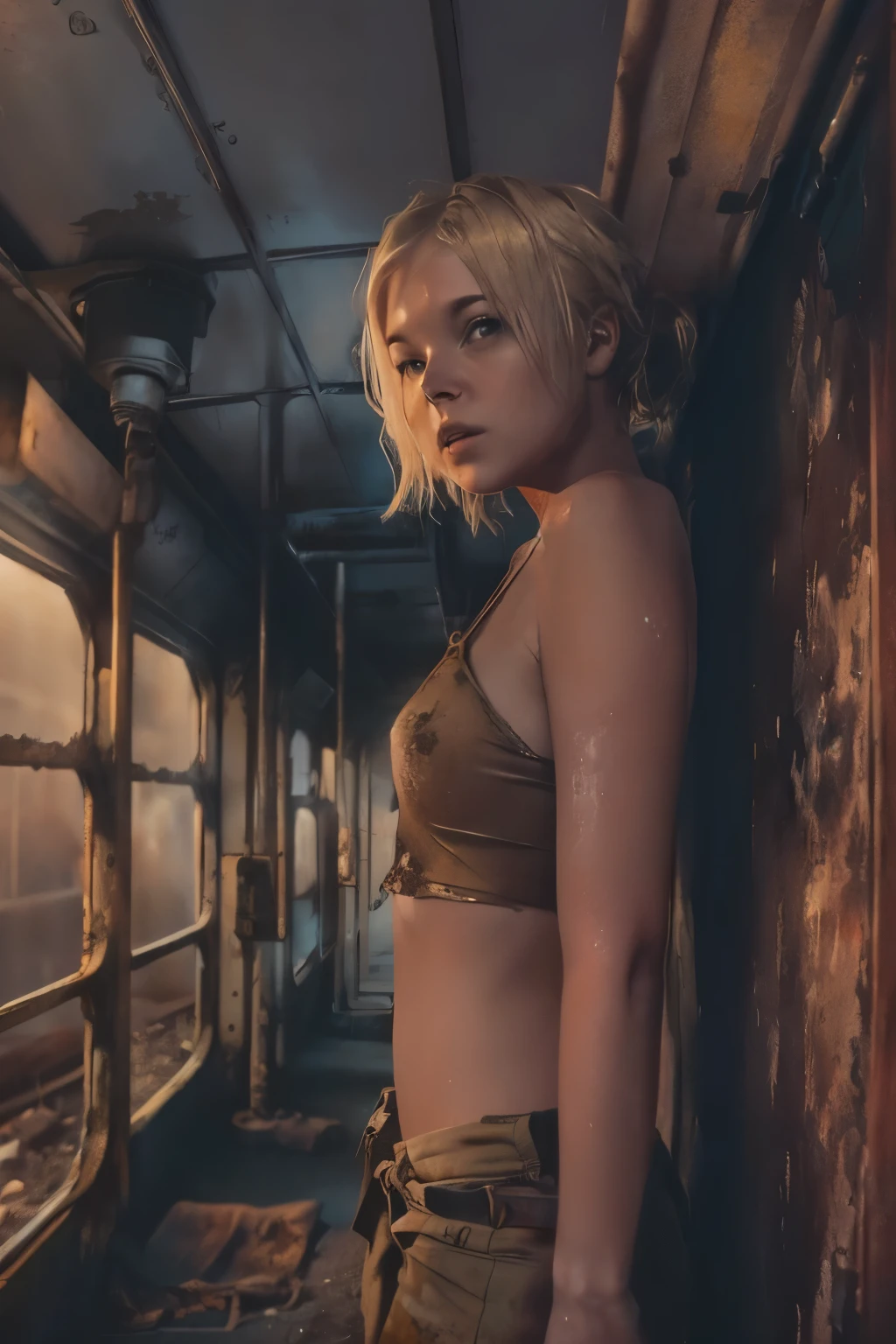 there is a blonde woman standing in a empty dirty rusted train , in silent hill, atmosphere of silent hill,