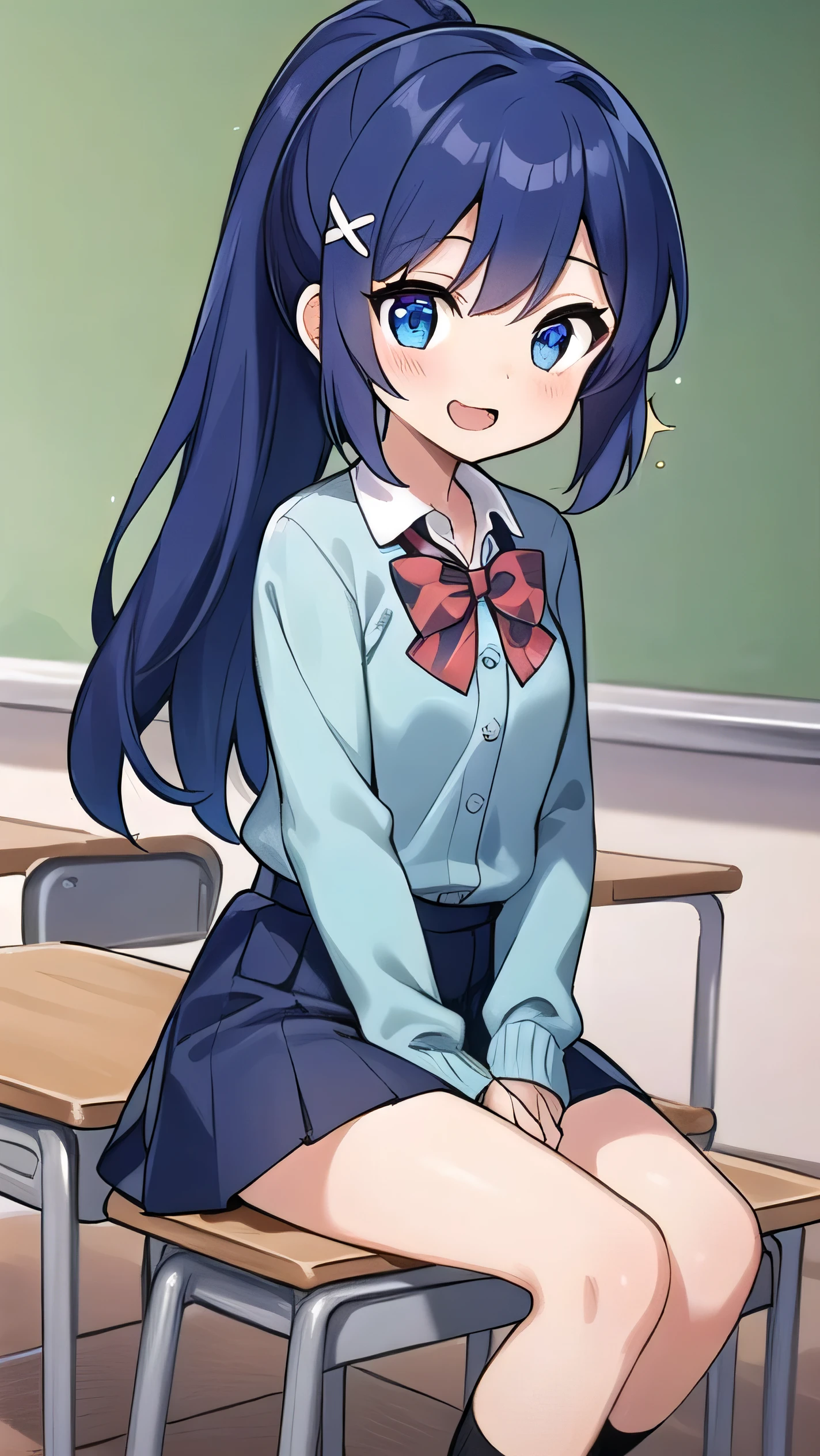 Blue-purple hair, dark blue eyes, long hair, ponytail, hairpin, ,small breads,long-sleeved , classroom, middle school student, , short, round eyes, sparkling eyes, owns a mobile game console, confident, a little laughing