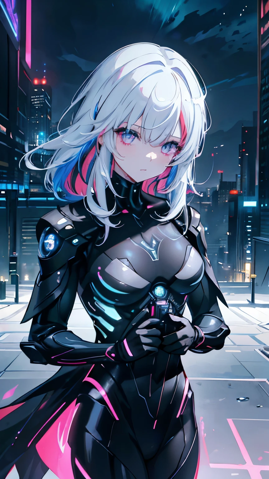 streaked hair, shiny hair, hairpods, multicolored eyes, modern, anime, cinematic lighting, sparkle, zoom layer, pov, UHD, textured skin, super detail, high quality, best quality, high details, masterpiece, Cyberpunk, futuristic metropolis, neon lights, midnight, Secret agents in science fiction movies, A spy wearing a highly functional suit