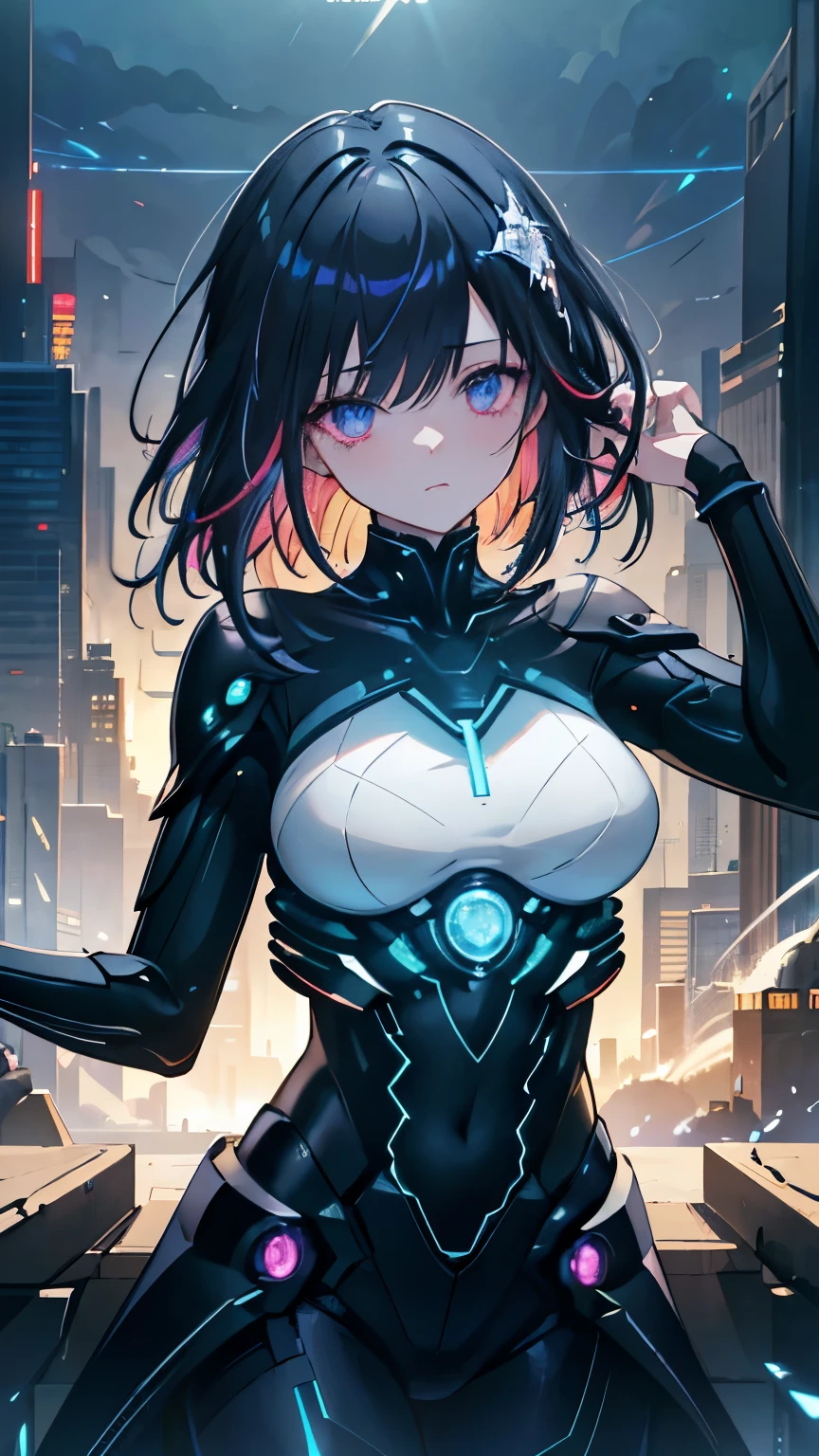 streaked hair, shiny hair, hairpods, multicolored eyes, modern, anime, cinematic lighting, sparkle, zoom layer, pov, UHD, textured skin, super detail, high quality, best quality, high details, masterpiece, Cyberpunk, futuristic metropolis, neon lights, midnight, Secret agents in science fiction movies, A spy wearing a highly functional suit