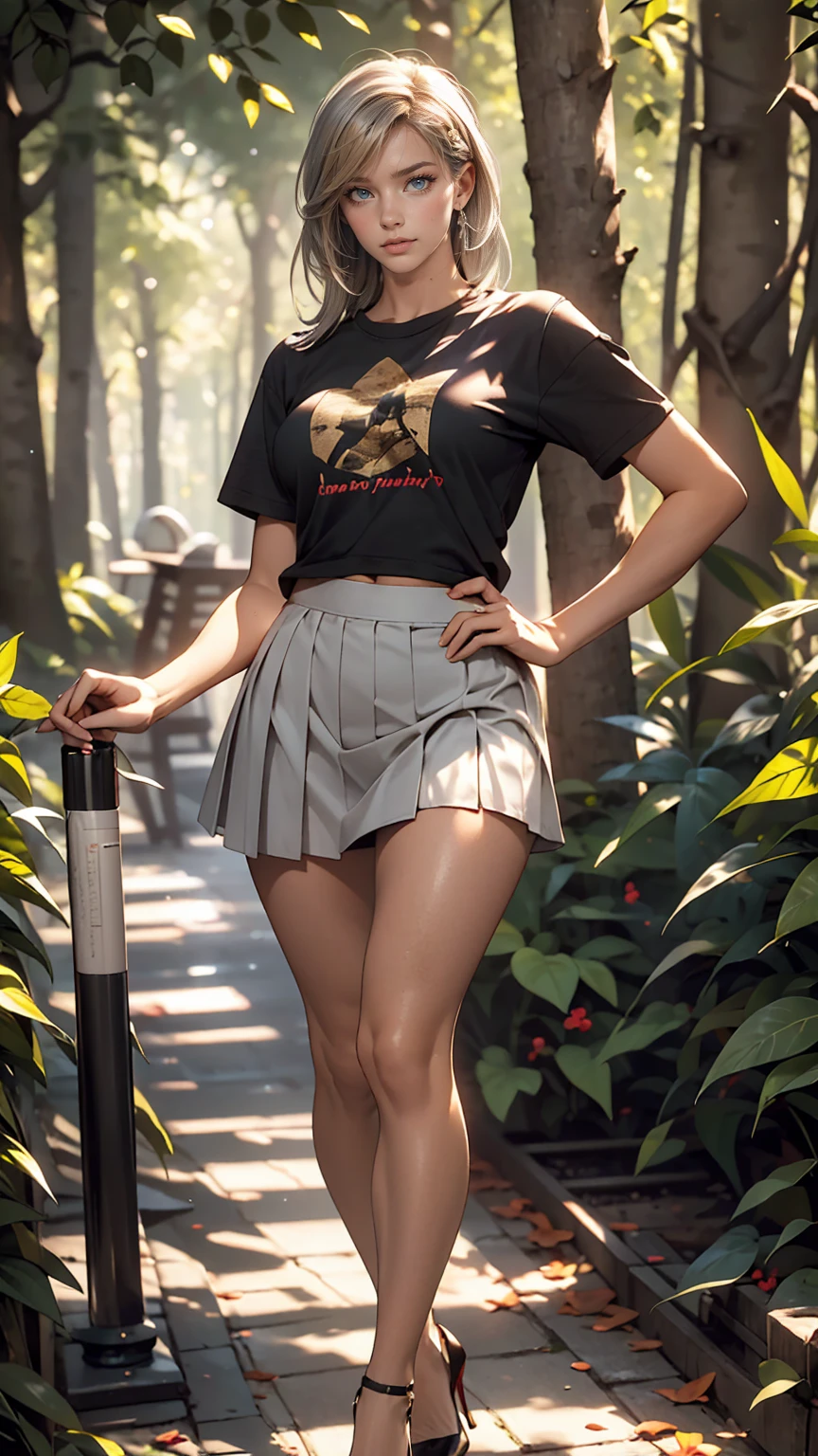 24 year old Caucasian female、Silver Hair、Sexy proportions、Long legs、Wear a T-shirt with a logo、Lower milk visible、Navel visible、Wear a low-rise micro mini pleated skirt、Wear high heels、Model pose、Place your hands on your hips、Forest background,
