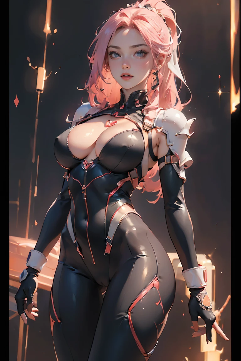 ((Masterpiece, Top Quality, High Resolution, Photorealistic, Raw photo)), ((Extremely detailed CG unified 8k wallpaper)), (huge stunning goddess shot, very hot and sexy, jaw-dropping beauty, perfect proportions, beautiful body, slim body beauty:1.4), Tight Combat Suit, (Black full-body tights, long sleeves, chest armor, shoulder armor, wristbands, gloves, and harnesses, high-tech suit:1.5), legs spread apart, Dynamic pose,