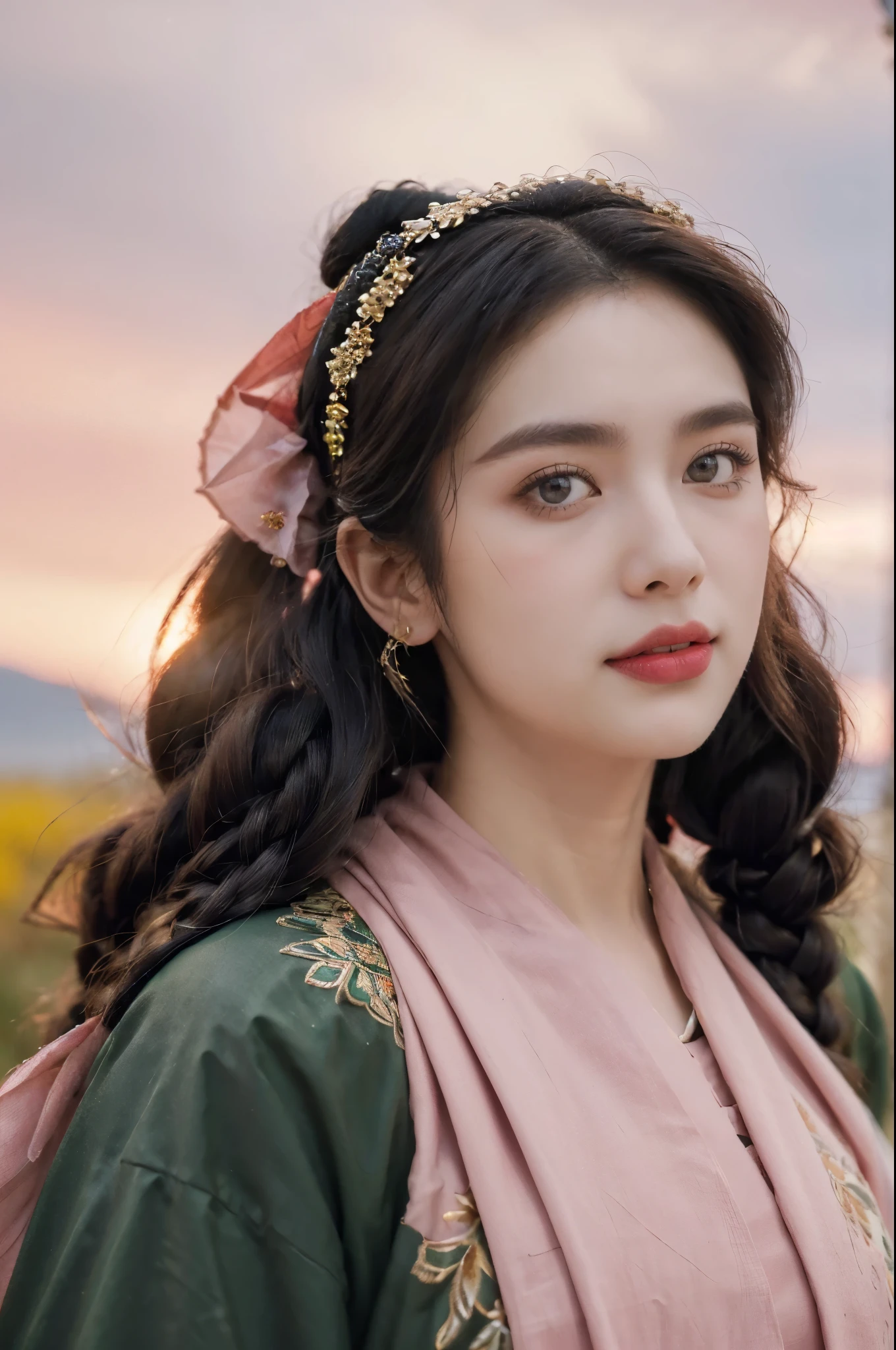 (Extremely meticulous CG),(((8k))),wallpaper,((Extremely refined and beautiful)),(((Masterpiece))),(((best qualtiy))),(((Ultra High Resolution))),beautiful light up,realistic shaded,(Smooth and flawless fair skin:1.5),(Extremely exquisite facial details:1.2),(ultra-detailed:1.5),((A beautiful Arabian girl,solo)),(pink headscarf:1.3),(short dreadlocks:1.2),(small head:1.2),(slender face:1.2),(Exquisite makeup:1.3),(happy:1.2),(laughing:1.2),(yashmak on face:1.3),(necklace:1.2),(perfect body:1.1),(red abaya:1.3),(bare back:1.3),(towering hips:1.3),(butt crack:1.3),((slim,thin)),(from back:1.3),(standing:1.3),(On the verdant grassland full of colorful flowers:1.5),(many colors:1.5),(cattles and sheeps:1.2),(boreal forest:1.2),(distant snowy mountains:1.2),(pink sky:1.2),(detailed background:1.3),(outdoor:1.3),(early summer:1.3),(night scene:1.5),(red aurora:1.3),(upper body:1.3)