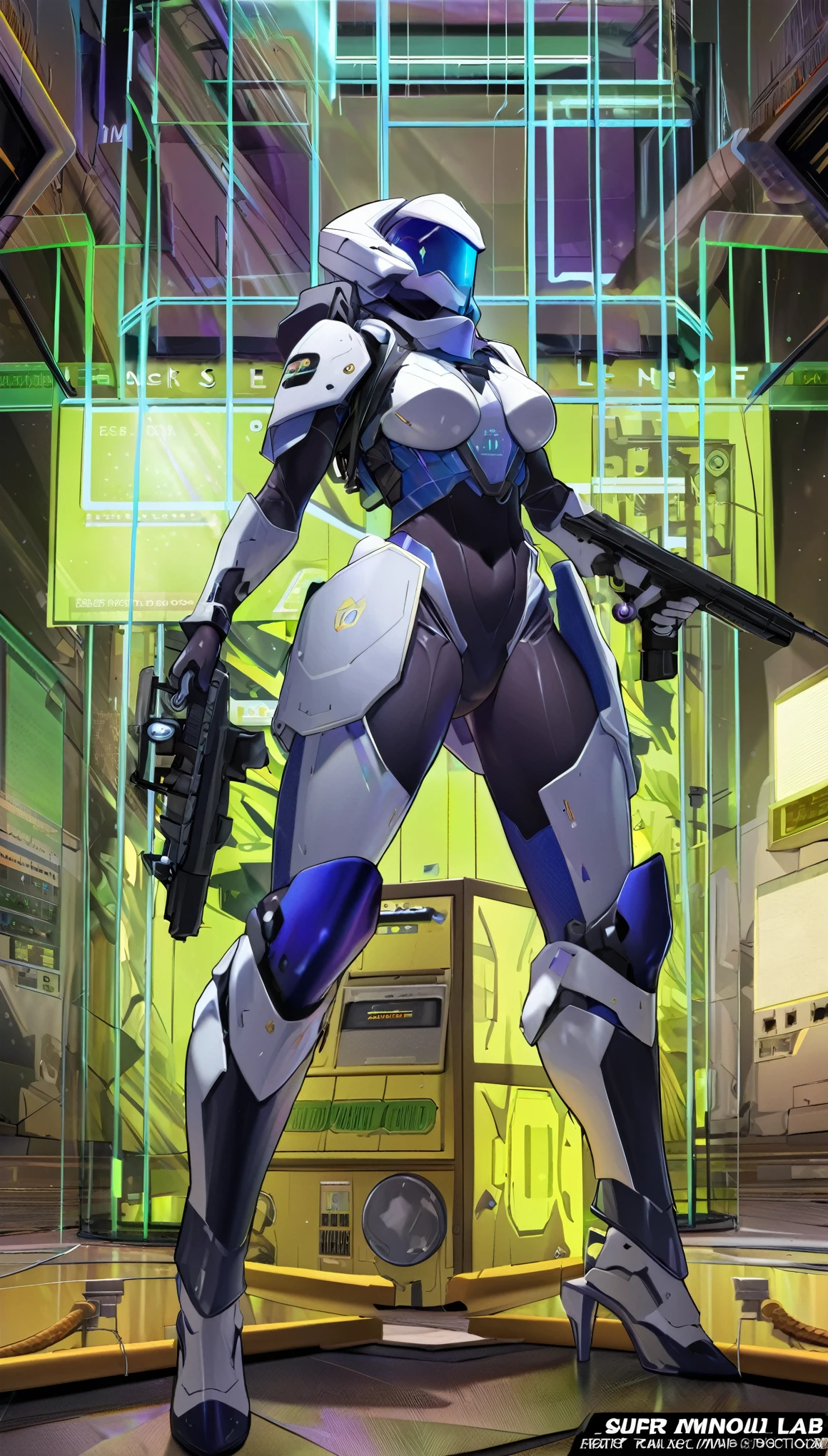 seamless image fusion, best quality, super fine, 16k, incredibly absurdres, extremely detailed, delicate and dynamic, cool and militant combatants, wearing hologram armored combat suits that fit tightly to the body and blend into the surrounding scenery, iridescent, background analyzer room lab factory