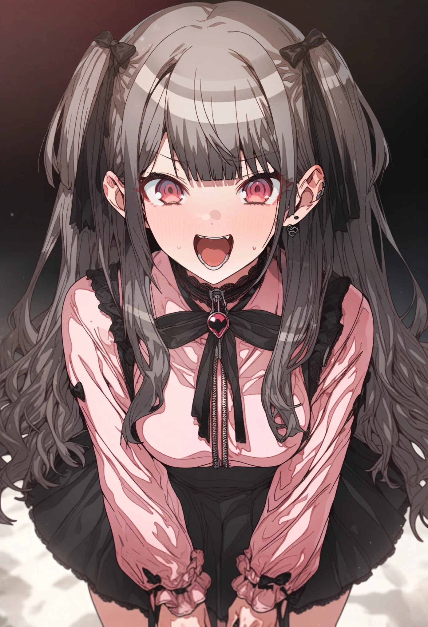 Artist, erere, Copyrights, idolmaster, idolmaster_shiny_colors, Character, mayuzumi_fuyuko, General, 1girl, black_hair, black_necktie, black_ribbon, black_skirt, blunt_bangs, blush, breasts, brown_eyes, censored, frilled_sleeves, frills, jirai_kei, long_hair, long_sleeves, medium_breasts, miniskirt, neck_ribbon, necktie, open_mouth, pink_nails, pink_shirt, raised_eyebrow, ribbon, shirt, skirt, sweatdrop, teeth, two_side_up, upper_teeth_only, zipper_skirt, masterpiece, best_quality, great_quality