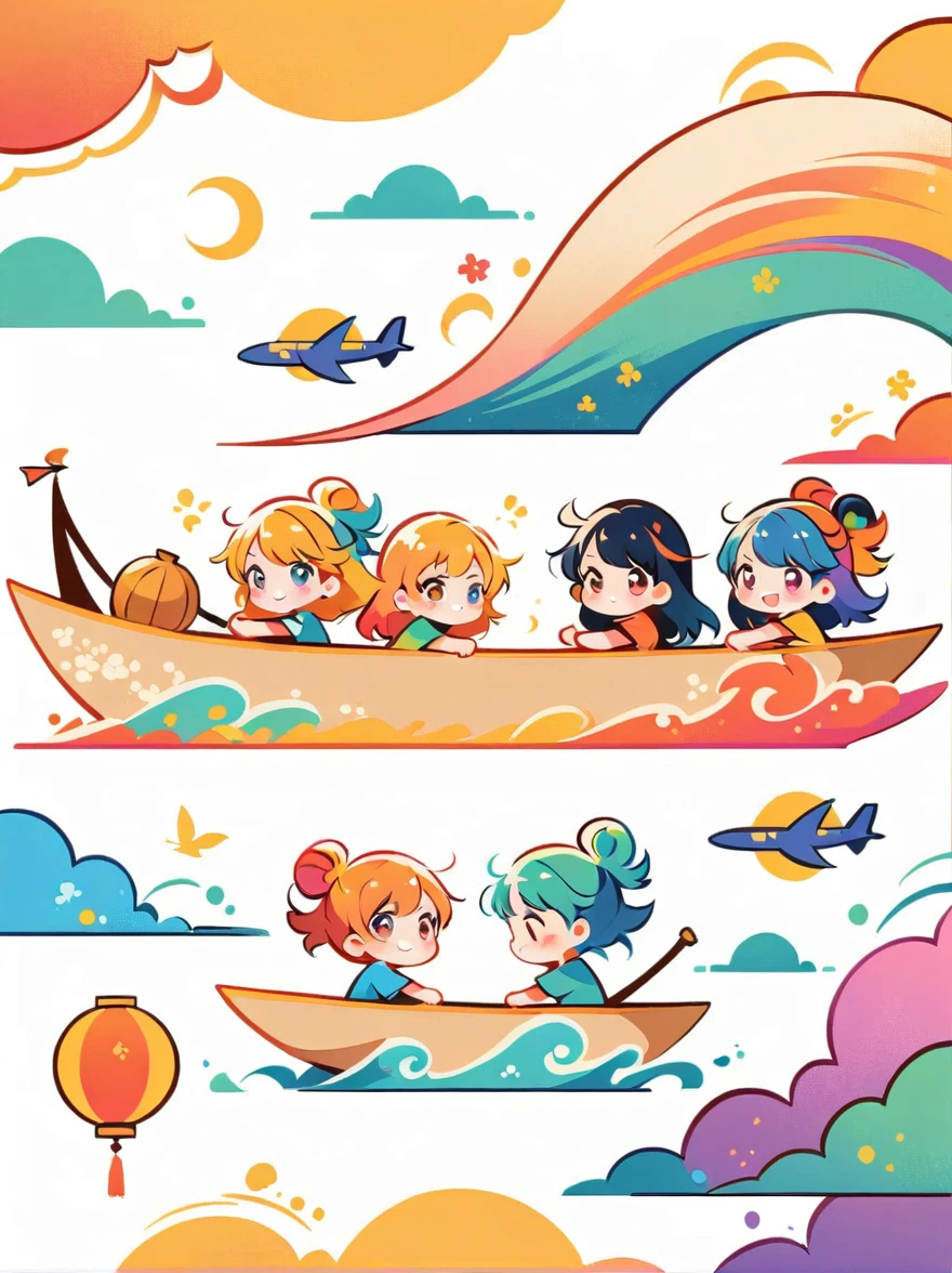 (flat, user interface vector style), heavenly colors, Illustration style, three young people rowing dragon boats in an illustration in the style of a cartoon with a white background and elements of the Dragon Boat Festival in China, Cartoon cute dragons drawn in the style of simple lines and illustrations,simple lines, colorful colors,Flat illustration,vector graphics,minimalist, (simple illustration), (smooth line art), (minimalism), white background, (graphic design aesthetics), (flat illustration), (Plane illustration)