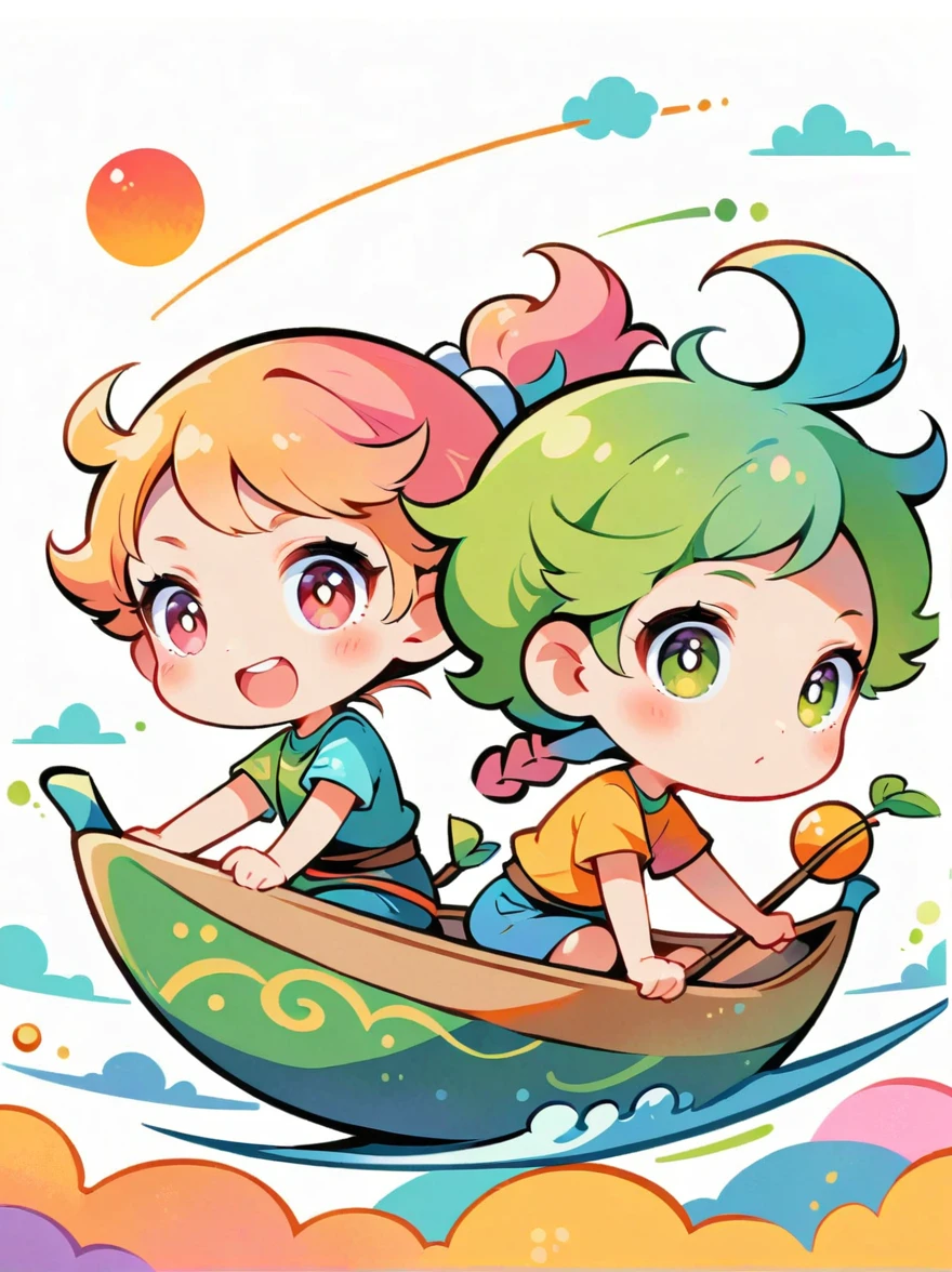 (flat, user interface vector style), heavenly colors, Illustration style, three young people rowing dragon boats in an illustration in the style of a cartoon with a white background and elements of the Dragon Boat Festival in China, Cartoon cute dragons drawn in the style of simple lines and illustrations,simple lines, colorful colors,Flat illustration,vector graphics,minimalist, (simple illustration), (smooth line art), (minimalism), white background, (graphic design aesthetics), (flat illustration), (Plane illustration)