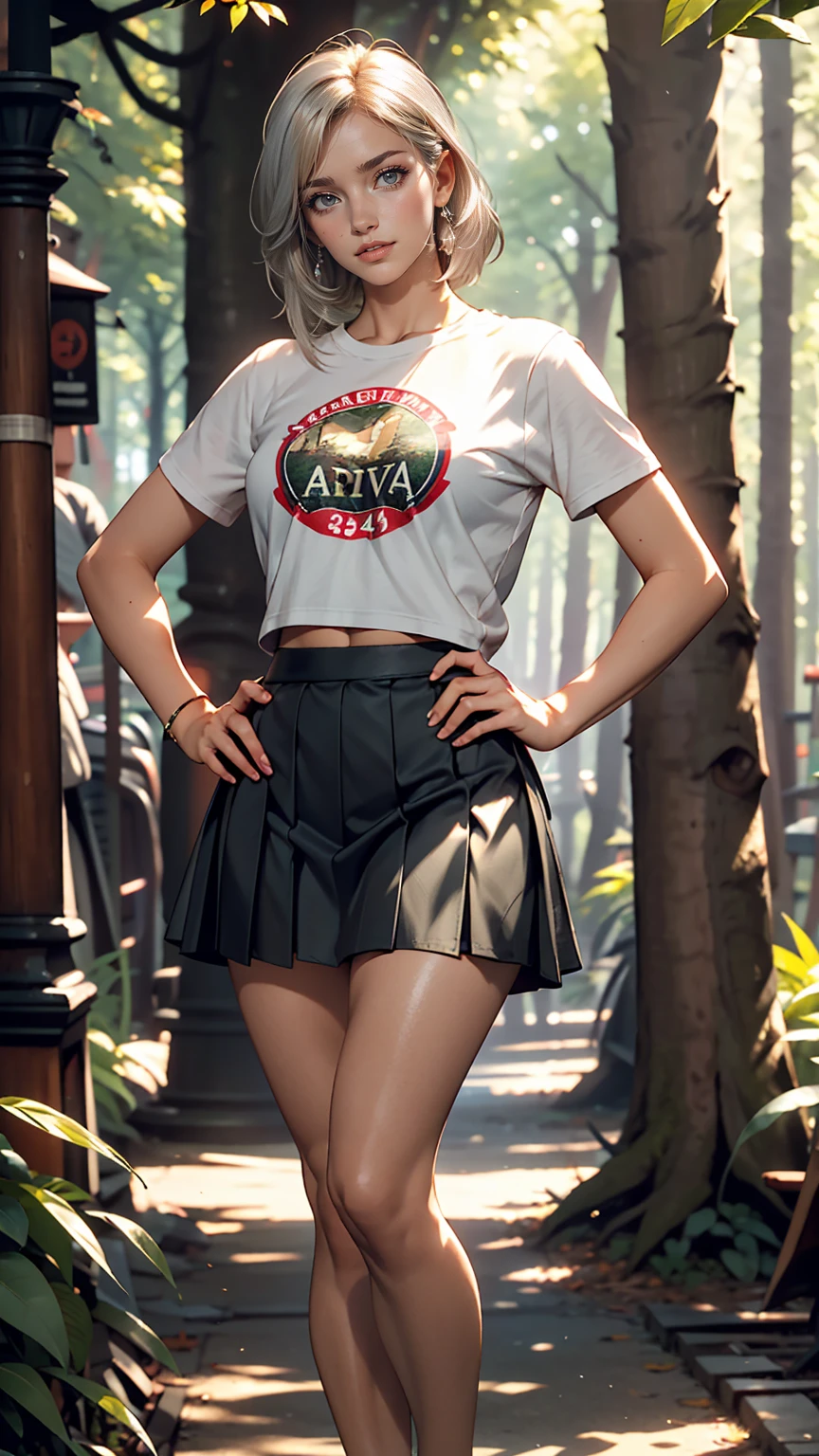 24 year old Caucasian female、Silver Hair、Sexy proportions、Long legs、Wear a T-shirt with a logo、Lower milk visible、Navel visible、Wear a low-rise micro mini pleated skirt、Wear high heels、Model pose、Place your hands on your hips、Forest background