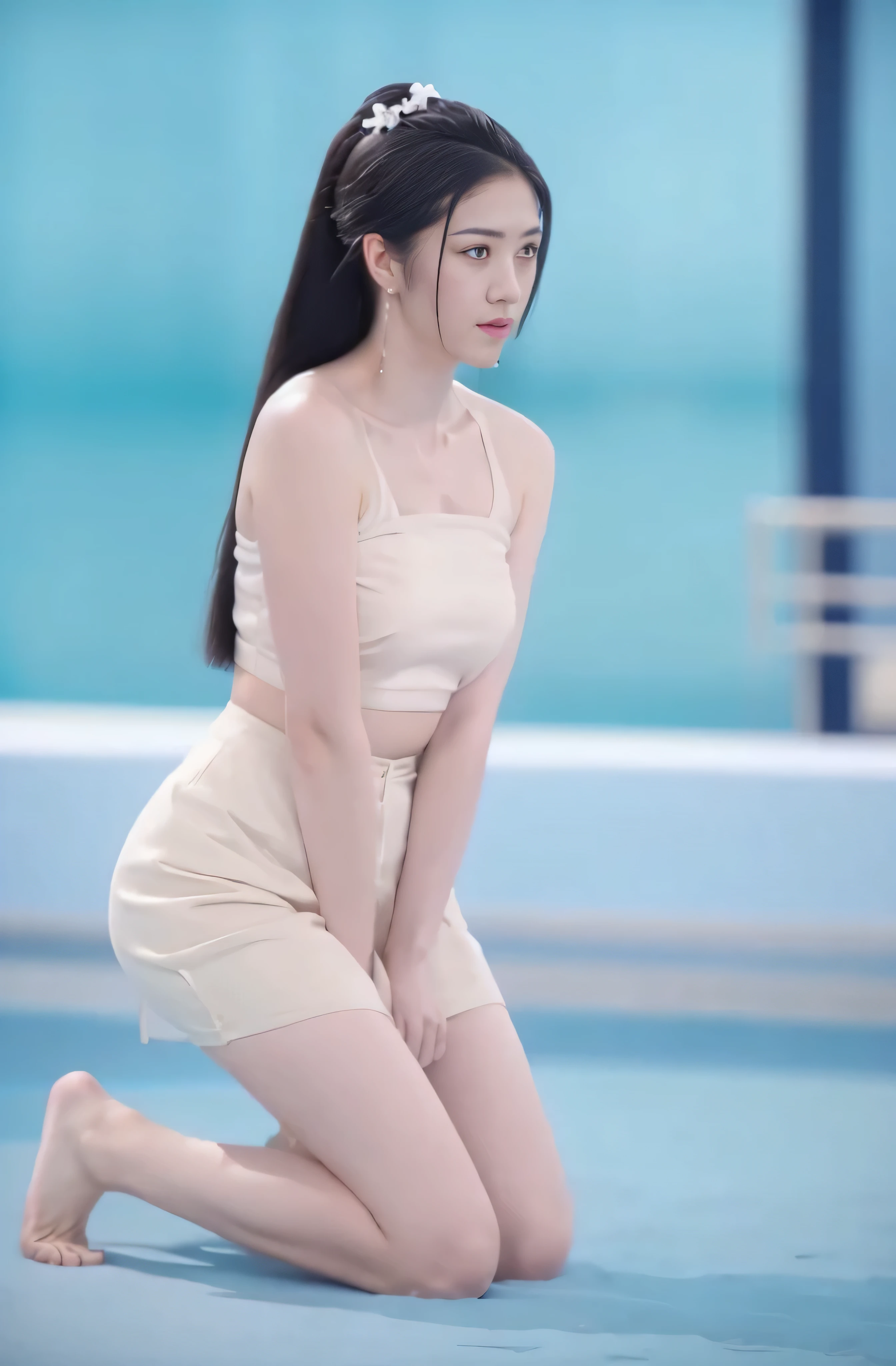 1 Girl,looking at the audience, Solitary focus, Practical, Bare shoulders, Bare thighs，Bare neck，White silk skirt, whole body, Blurred Background, Solitary，Kneeling