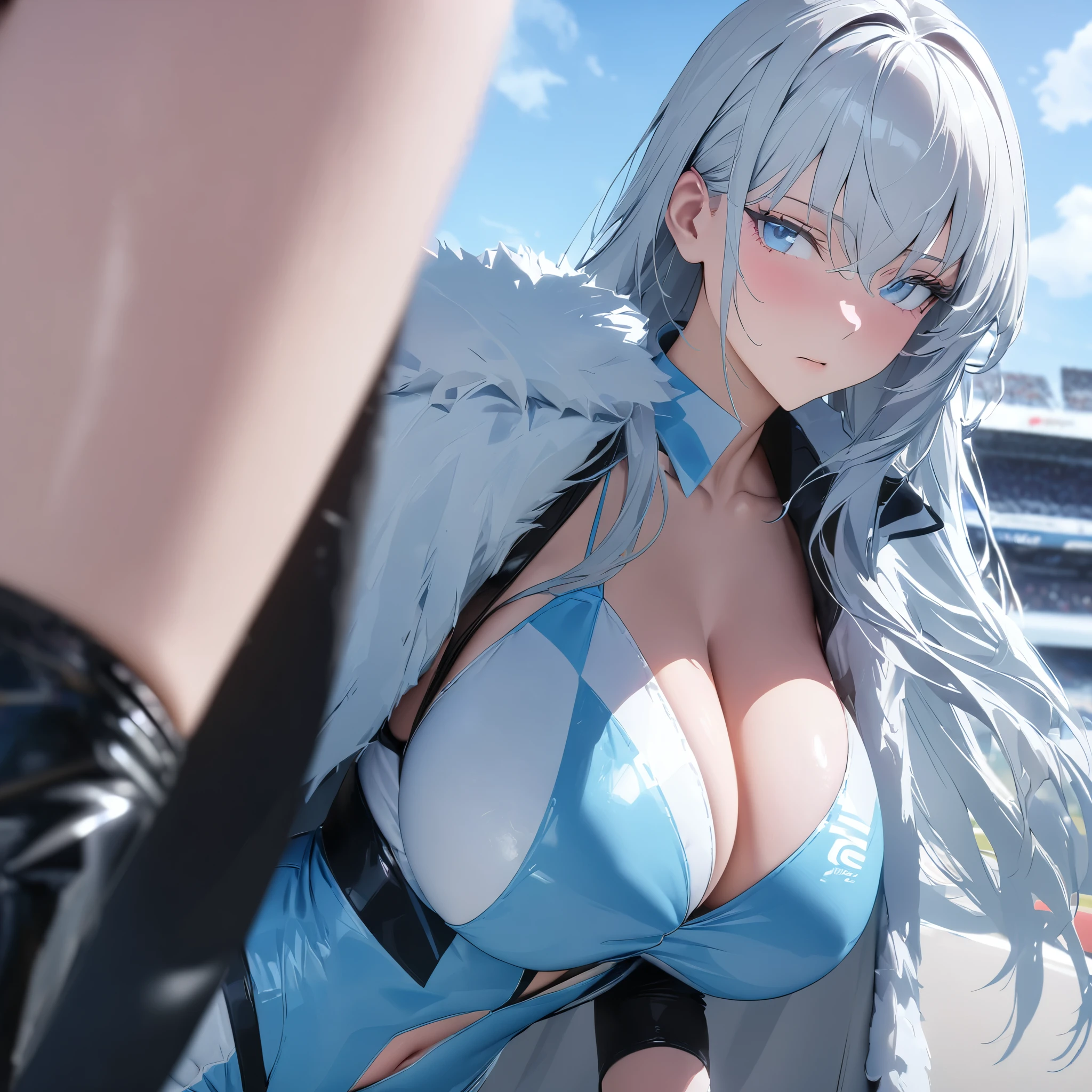 A woman wearing an ice blue race queen outfit, women's leather boots, wearing a light blue fur cape, big breasts, ice white hair, long hair, walking on the sidewalk of a race track, with a race car at her side ,close up view , expressionless face, ice blue eyes, daytime location.UHD, masterpiece, accurate, anatomically correct, textured skin, super detail, high quality, best quality, 8k, high resolution, bokeh effect.( solo woman)
