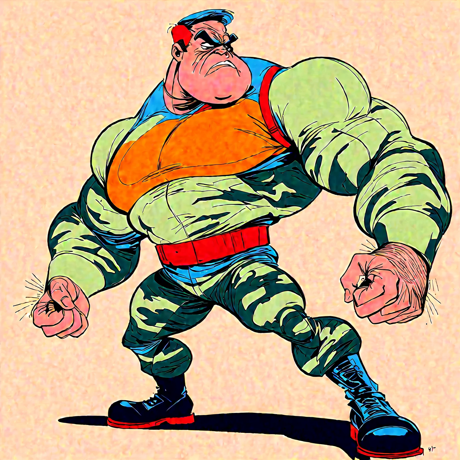 Bluto (popeye the sailor villain Bluto, bearded), 1960's animated hand drawn cartoon rotoscope, wearing Tight Combat Suit, Tight urban camo navy Combat Suit, too tight,  (full roygbiv color) ink charcoal expressive illustration, no light source, darkness, light mask uv rays across face, absurd, with rich color grading, cel shading, warm and unified colors, rotoscope, animated, VHS, glitch, distorted, nostalgia, 90's retro vibe, chonky, obese, hefty, heavy weight, hyper maximal, strange, hyperrealistic, rotoscope expressive ink bold line hand drawn, extremely intensely chonky, spilling over in all directions, hefty, rotund, obese, large, in a cinematic style, s, analog tape, vcr aesthetics, tv, television, hand drawn, minimal, precise,
