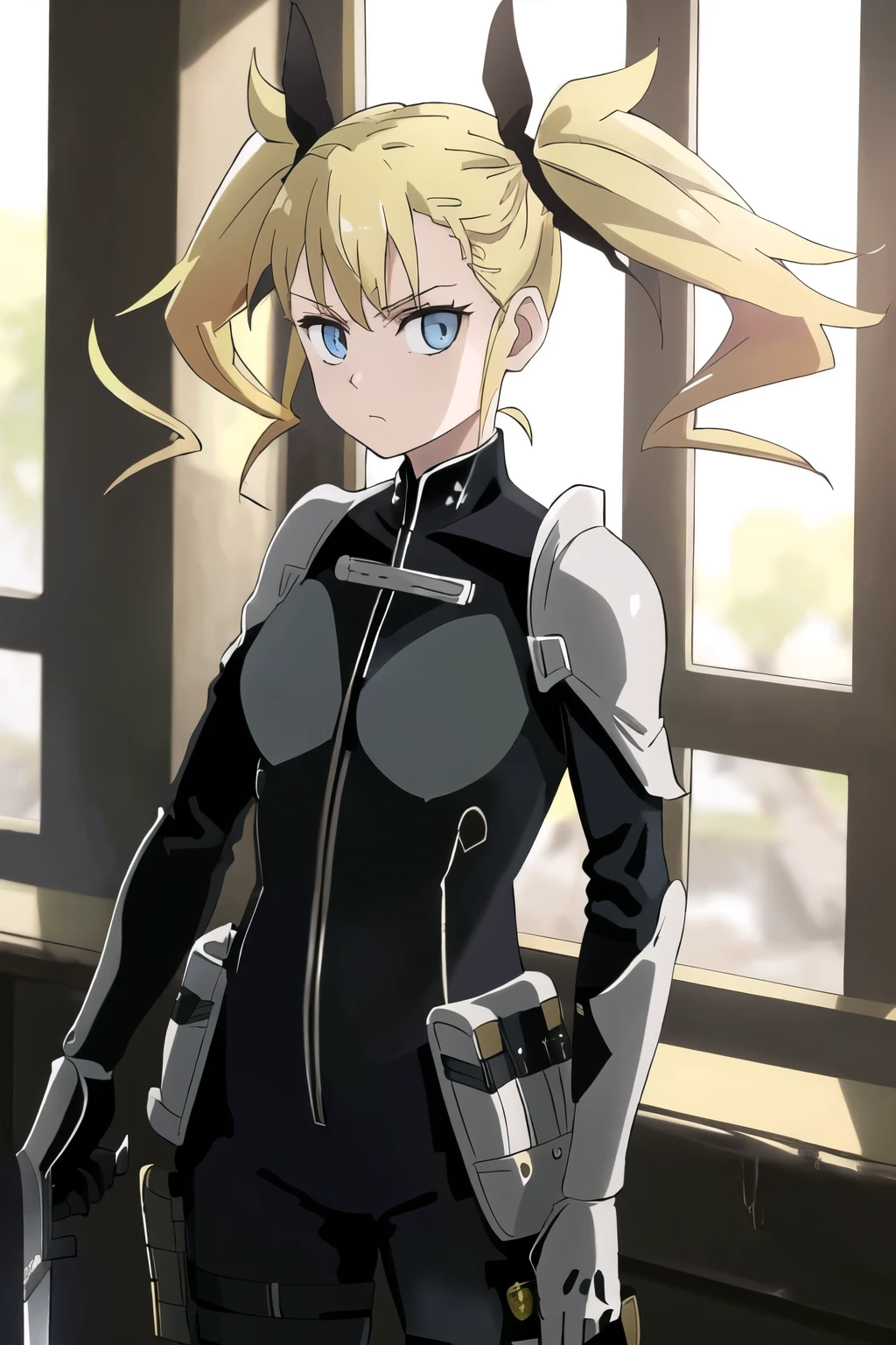 (masterpiece, top quality, very beautiful, very detailed), 1 girl, yellow hair in pigtails, black ribbon barrette, blue eyes, black bodysuit, holding sword, looking at camera