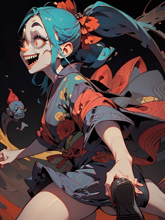 (Disney character style)、White and blue outfit、Gruesome and spooky details、An atmosphere full of suspense and tension、Psychological horror、Cute Smile、Mysterious and unsettling atmosphere、A terrifying moment、Unforgettable、Cute ass、Nightmare scenario、The twisted madness of a murderer、Smiling clown、bright red nose、open outfit、Dramatic lighting effects、Striped shirt、Big shoes、Enthusiastic atmosphere、Mischievous Smile、Expressive gestures、Comical movement、Circus Tent、Festive mood、Exciting performance、Written by Hirohiko Araki、ukiyo-e、
