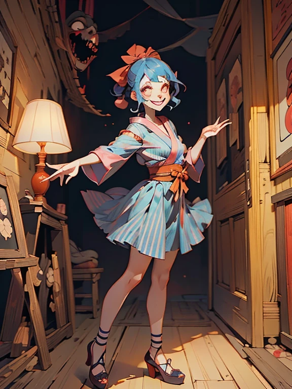 (Disney character style)、White and blue outfit、Gruesome and spooky details、An atmosphere full of suspense and tension、Psychological horror、Cute Smile、Mysterious and unsettling atmosphere、A terrifying moment、Unforgettable、Nightmare scenario、The twisted madness of a murderer、Smiling clown、bright red nose、open outfit、Dramatic lighting effects、Striped shirt、Big shoes、Enthusiastic atmosphere、Mischievous Smile、Expressive gestures、Comical movement、Circus Tent、Festive mood、Exciting performance、ukiyo-e、
