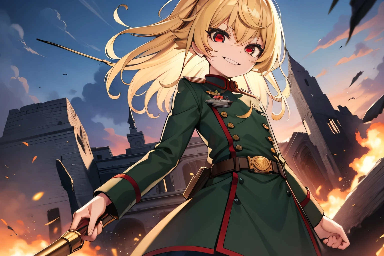 Degurechaff asked.。, uniform, Wicked Smile, Small stature, Killer Eye, so beautiful, Absurd, View your audience, From below, masterpiece, Army uniform, Blonde, Red eyes, Military Skirt, Neutral lighting. european battlefield, Outdoor, blue sky, rubble