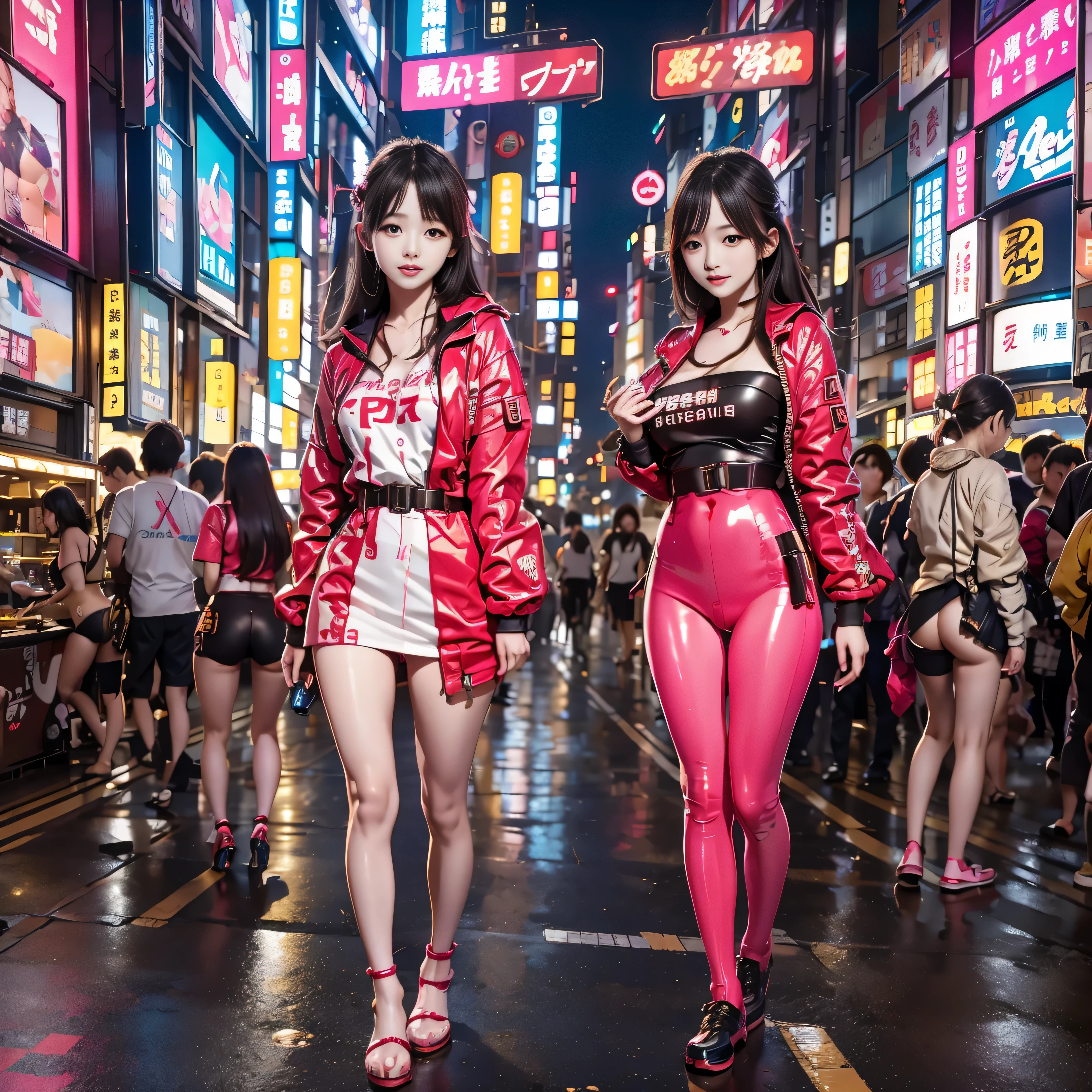 RAW quality, young Japanese girls, the most beautiful, perfect, precious, Tokyo city, drones with reflectors illuminating them.