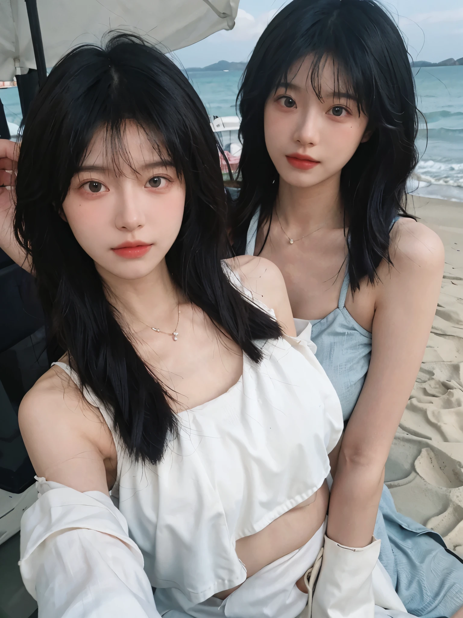 Best quality,Ultra-high resolution,(lifelike:1.4),Cute hairpin,1girll,Long curly hair,jk,Blush,Slim beauty:1.4,Visible abdominal muscles,on the beach,Ultra-fine face,Exquisite eyes,Double eyelids,necklace