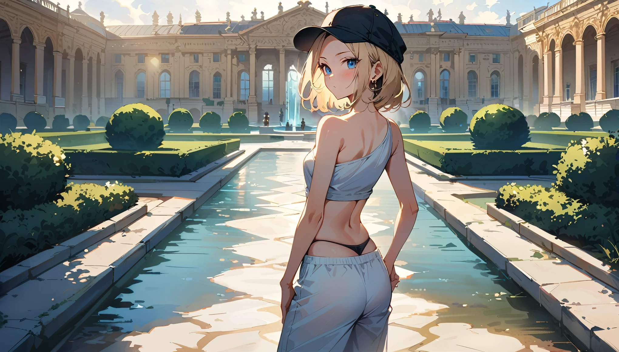 (masterpiece, best quality:1.2), solo, Android 18 from Dragon Ball, collarbone, cleavage, ((slip-on one-shoulder crop top)), (light gray top:1.2), no jacket, midriff-baring, navel, ((white baggy pants)), strings of thong underwear slightly visible, small breasts, short blonde hair loose, ((blue eyes)), ((wearing glasses)), earrings on earlobes, slender feminine figure, narrow waistline, skinny body, (plane black cap), (cap without logo), sunlight, shot from behind, looking back, back view, light blush, arms behind back, standing outside, Palace of Versailles, the gardens, Paris, manicured parterres, geometric hedges, ornate fountains, tree-lined paths, vibrant gardens, Baroque grandeur and opulence, natural lighting and shadows, the ornate fountains, blur background, 4K