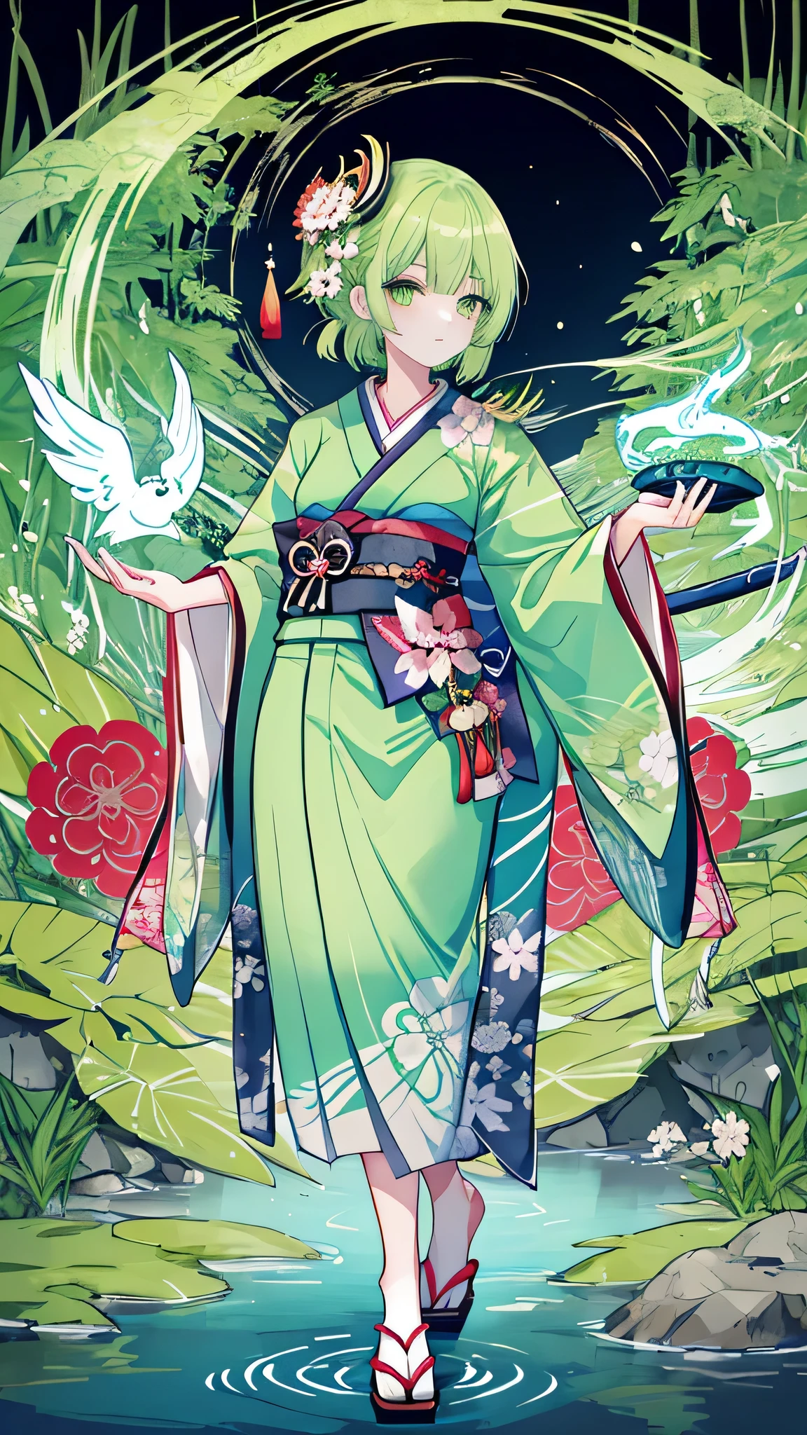 “A full-body illustration of a kappa girl wearing a kappa mask and a traditional kimono. She has long, light green hair that flows down to her waist. A Japanese sword is sheathed at her waist. In the background, a serene river flows, creating a tranquil and mystical atmosphere. The image should be high resolution and capture the intricate details of her attire, kappa features, and surroundings.”