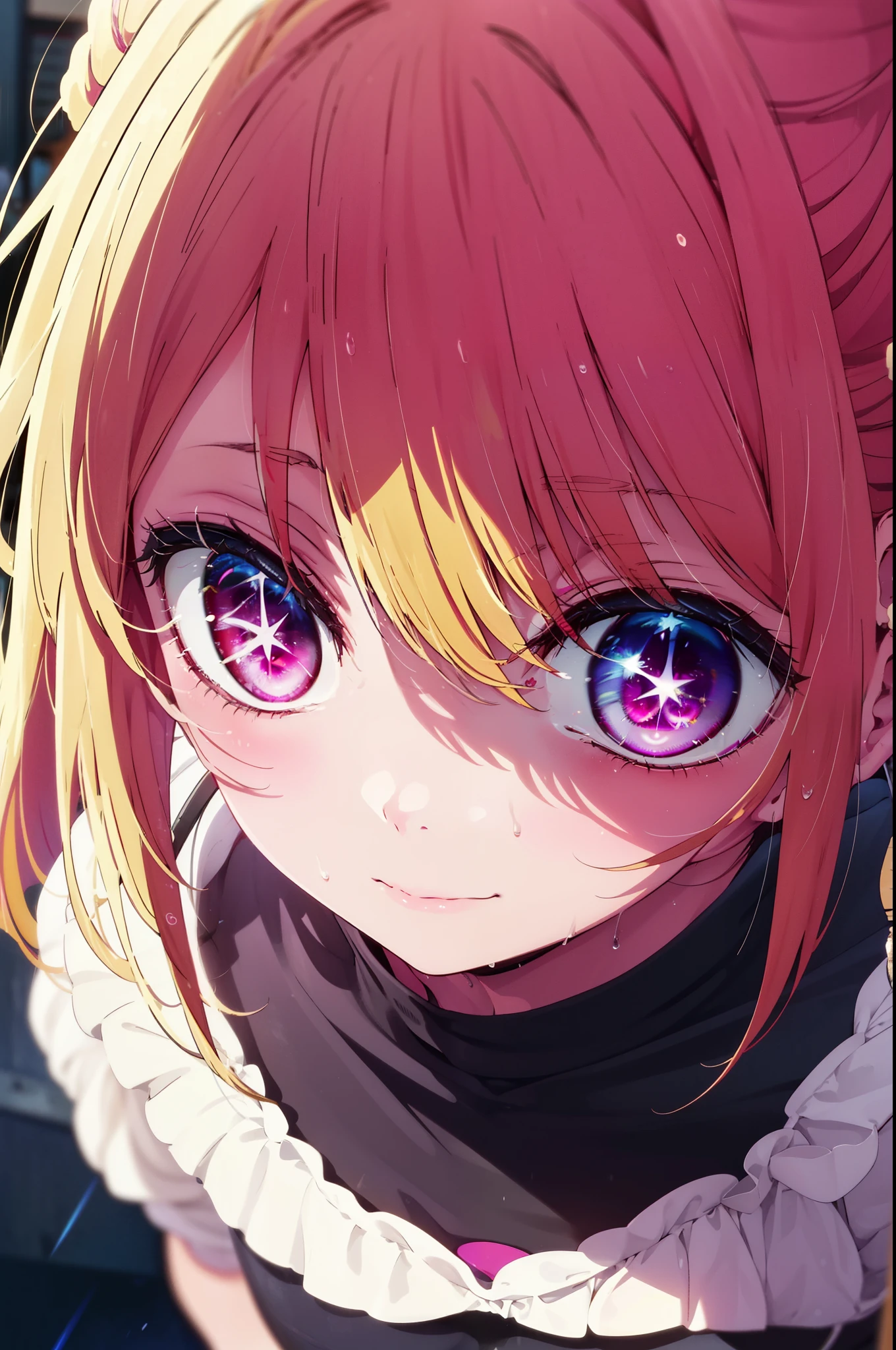 rubyhoshino, Hoshino Ruby, Long Hair, bangs, Blonde Hair, (Pink Eyes:1.3), Side Lock, (Symbol-shaped pupil:1.5), Wet Hair,Wet clothes,Wet skin, multicolored hair, Two-tone hair, smile,Cordo shoulder top,Skinny jeans,Stiletto heels,rain,Cloudy,whole bodyがイラストに入るように,Walking,
break outdoors, ビル街
break looking at viewer, whole body,
break (masterpiece:1.2), highest quality, High resolution, unity 8k wallpaper, (figure:0.8), (Beautiful fine details:1.6), Highly detailed face, Perfect lighting, Highly detailed CG, (Perfect hands, Perfect Anatomy),