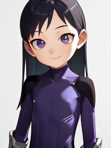 score_9, score_8_up, score_7_up, score_6_up, score_5_up, score_4_up, BREAK, source_cartoon, source_3d, 1girl, ddler, long hair, black hair, purple eyes, bodysuit, gloves, smile, upper body, looking at viewer, simple background , PEDOPHILA