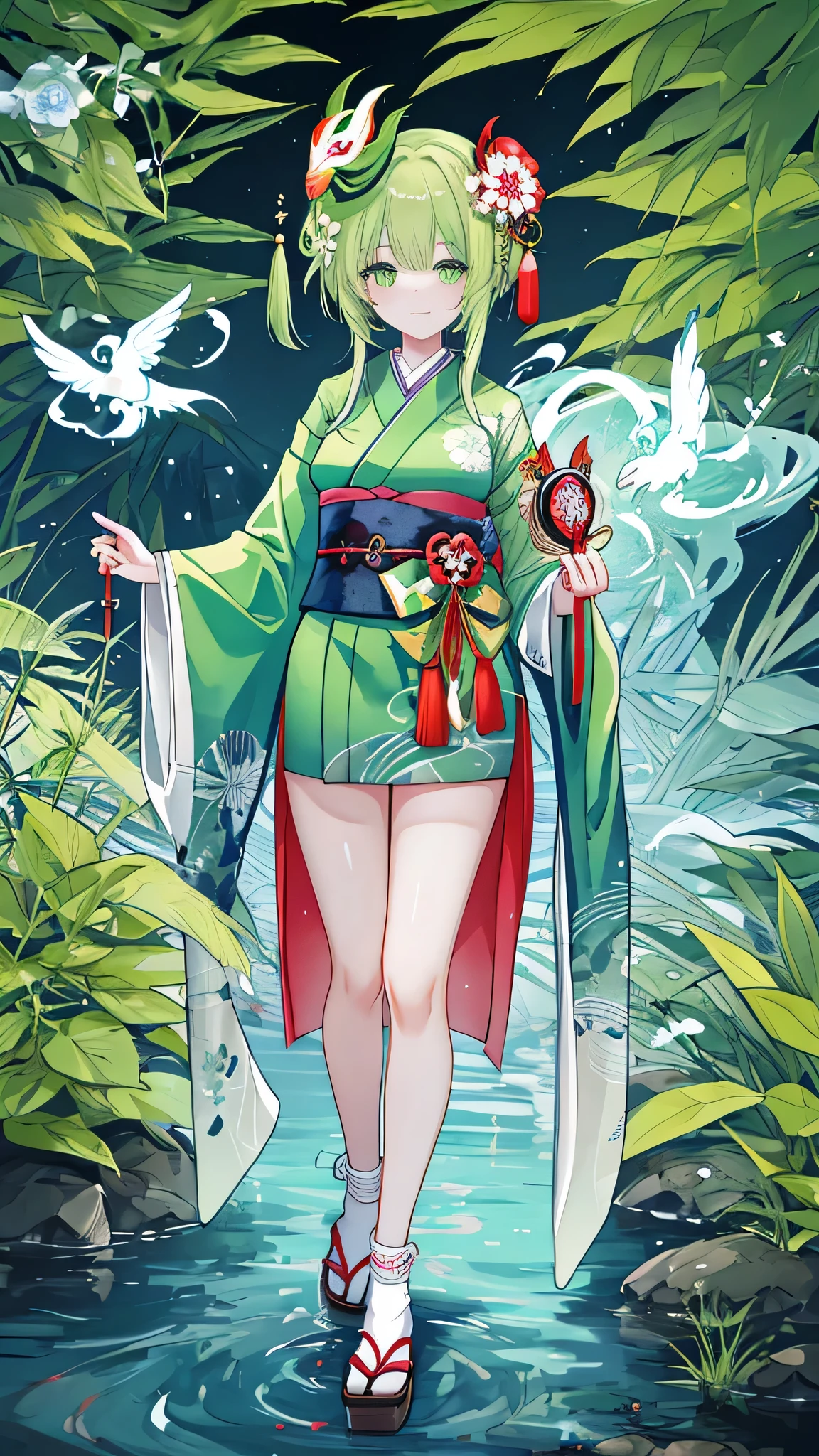 “A full-body illustration of a kappa girl wearing a kappa mask and a traditional kimono. She has long, light green hair that flows down to her waist. A Japanese sword is sheathed at her waist. In the background, a serene river flows, creating a tranquil and mystical atmosphere. The image should be high resolution and capture the intricate details of her attire, kappa features, and surroundings.”