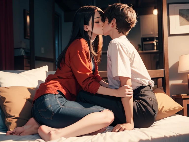 Young sexual girl wearing a red dress sitting on lap of young boy wearing a red and black flannel shirt and jeans who is sitting on a chair, sex with kissing, kiss, passionately, dim lighting, sexual, hot, lustful