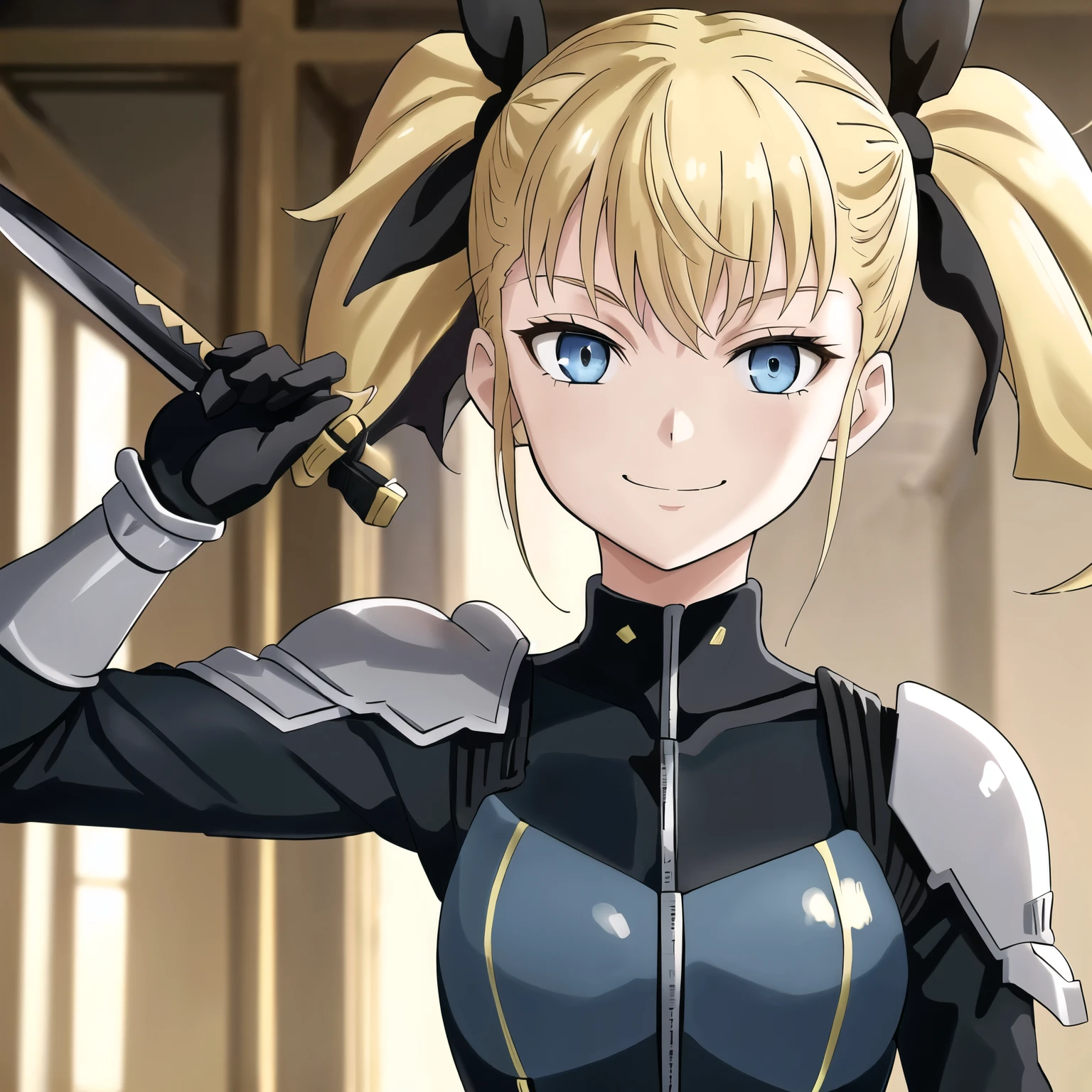 (masterpiece, best quality, very beautiful, very detailed), 1 girl, yellow hair in twin tails, black ribbon barrette, blue eyes, black bodysuit, holding sword, looking at camera, face close-up, smiling